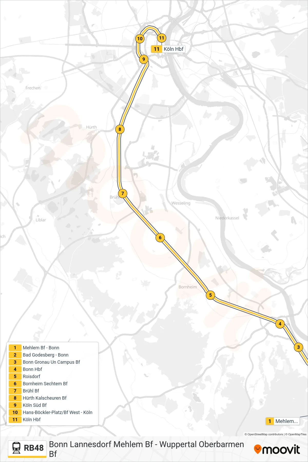 Linie RB48 (Bahn) Richtung Köln Hbf: Route und Haltestellen auf der Karte