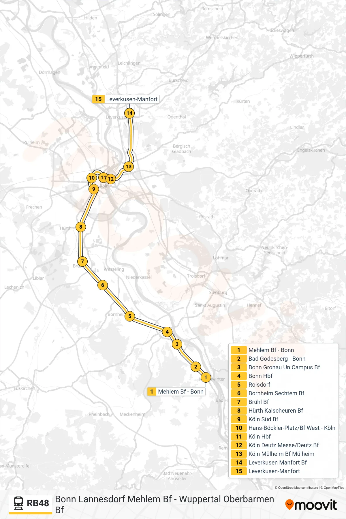 Linie RB48 (Bahn) Richtung Leverkusen Manfort Bf: Route und Haltestellen auf der Karte