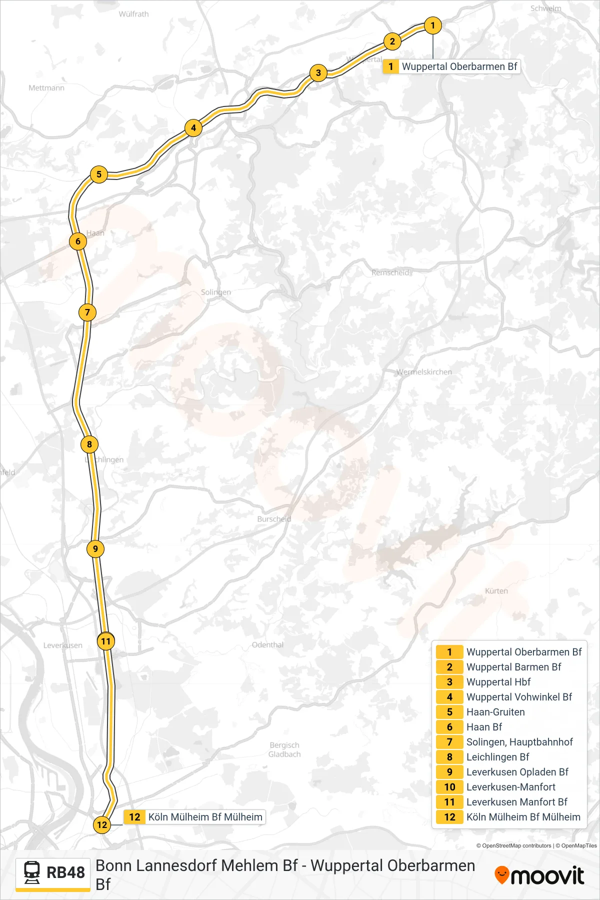 Linie RB48 (Bahn) Richtung Köln Mülheim Bf Mülheim: Route und Haltestellen auf der Karte