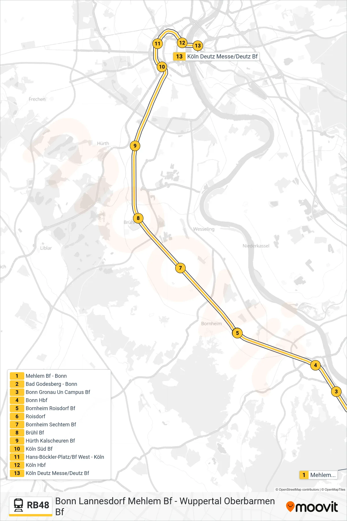 Linie RB48 (Bahn) Richtung Köln Messe/Deutz Bf: Route und Haltestellen auf der Karte