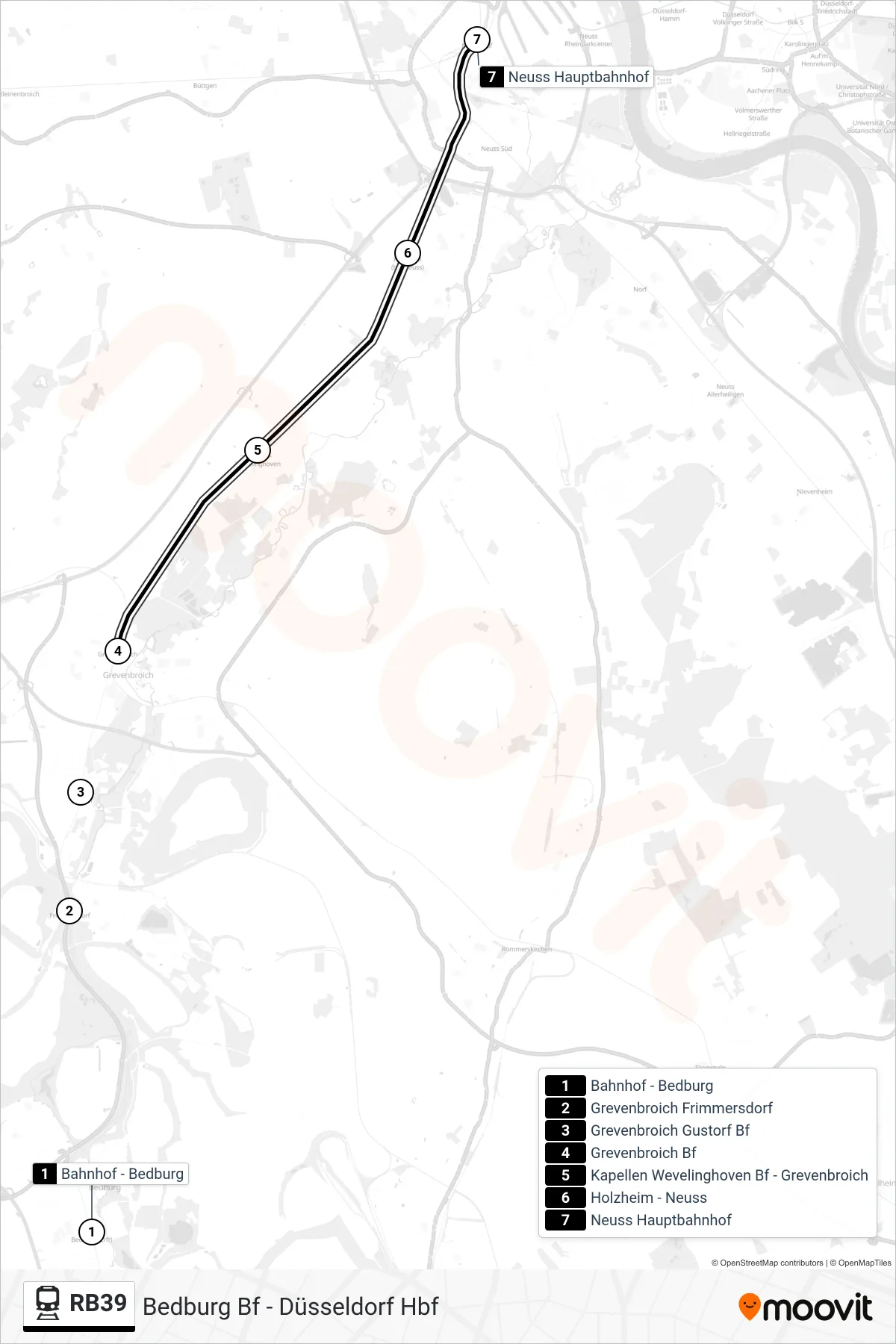 Linie RB39 (Bahn) Richtung Neuss Hauptbahnhof: Route und Haltestellen auf der Karte