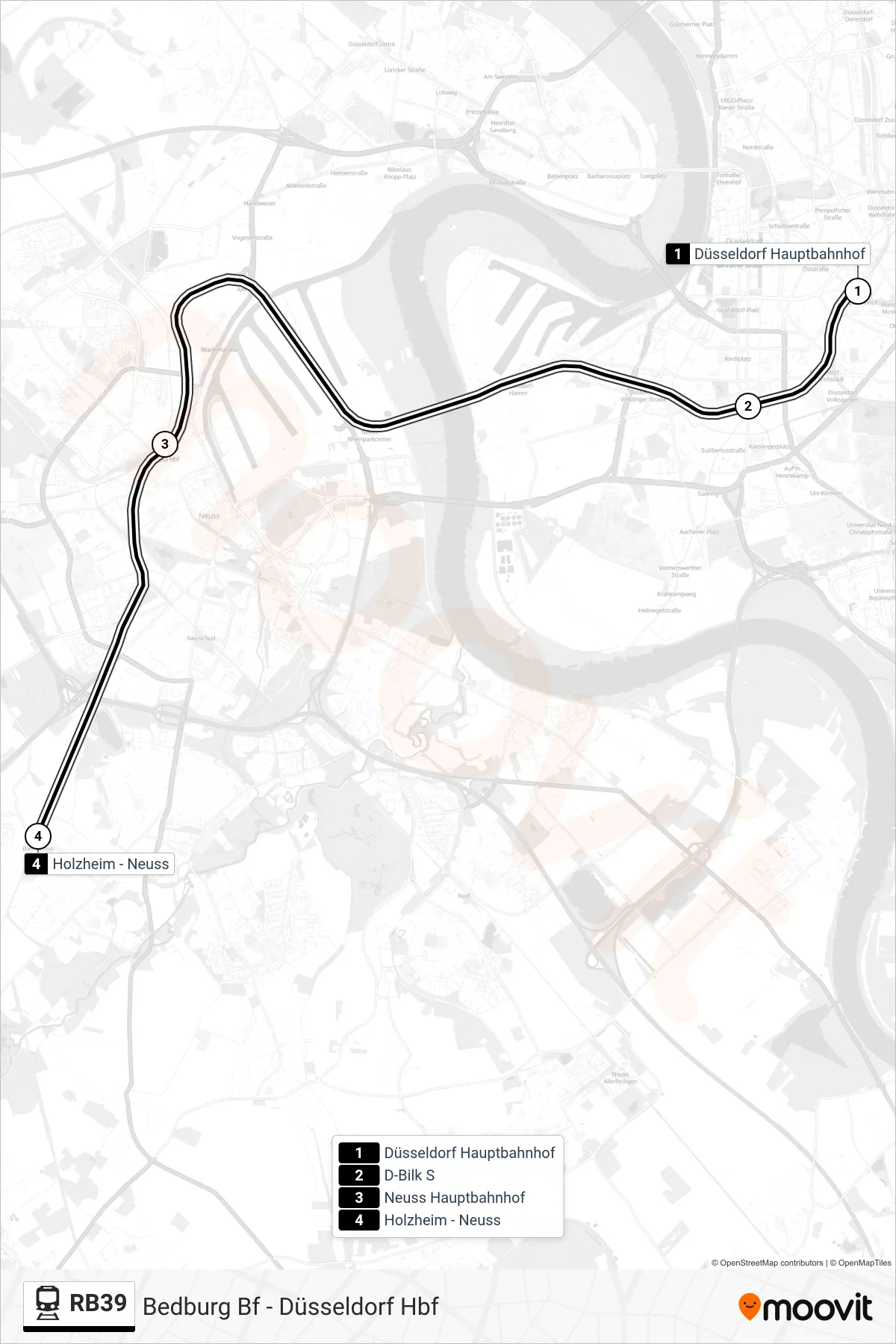 Linie RB39 (Bahn) Richtung Neuss Holzheim Bf: Route und Haltestellen auf der Karte