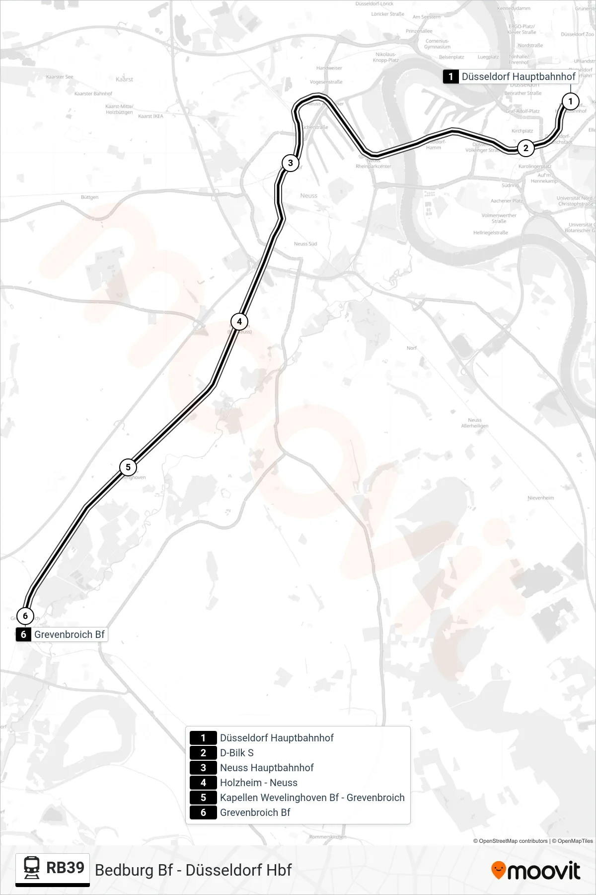 Linie RB39 (Bahn) Richtung Grevenbroich Bf: Route und Haltestellen auf der Karte
