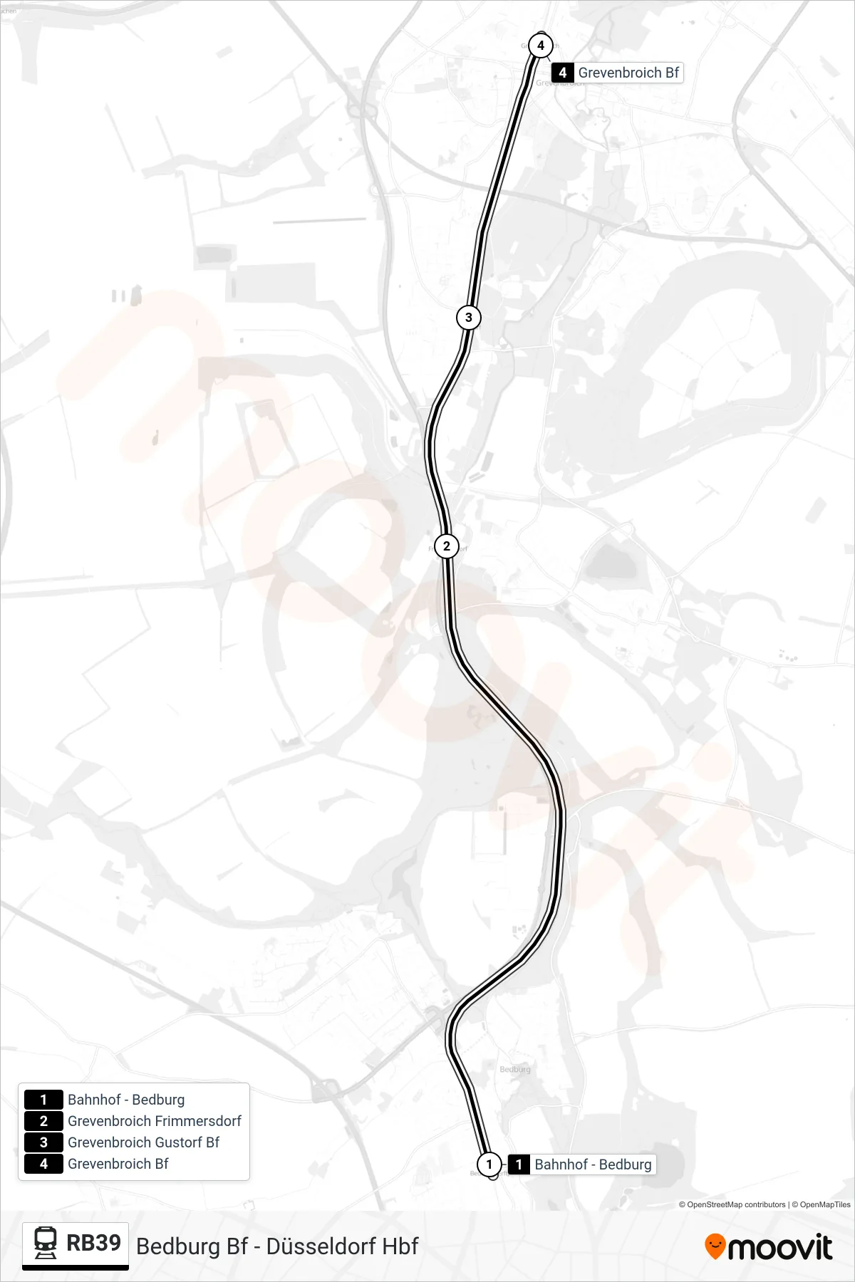 Linie RB39 (Bahn) Richtung Grevenbroich Bf: Route und Haltestellen auf der Karte