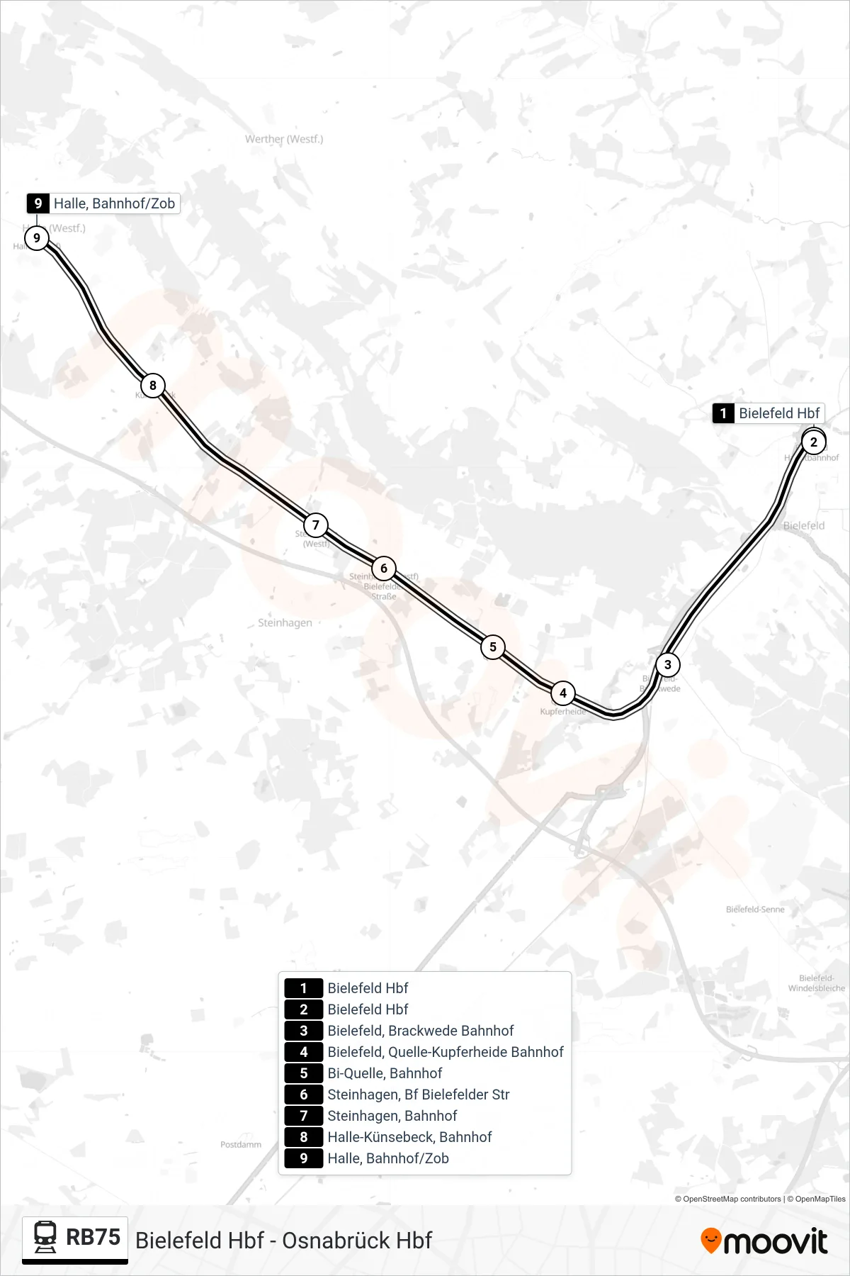 Linie RB75 (Bahn) Richtung Halle, Bahnhof/Zob: Route und Haltestellen auf der Karte
