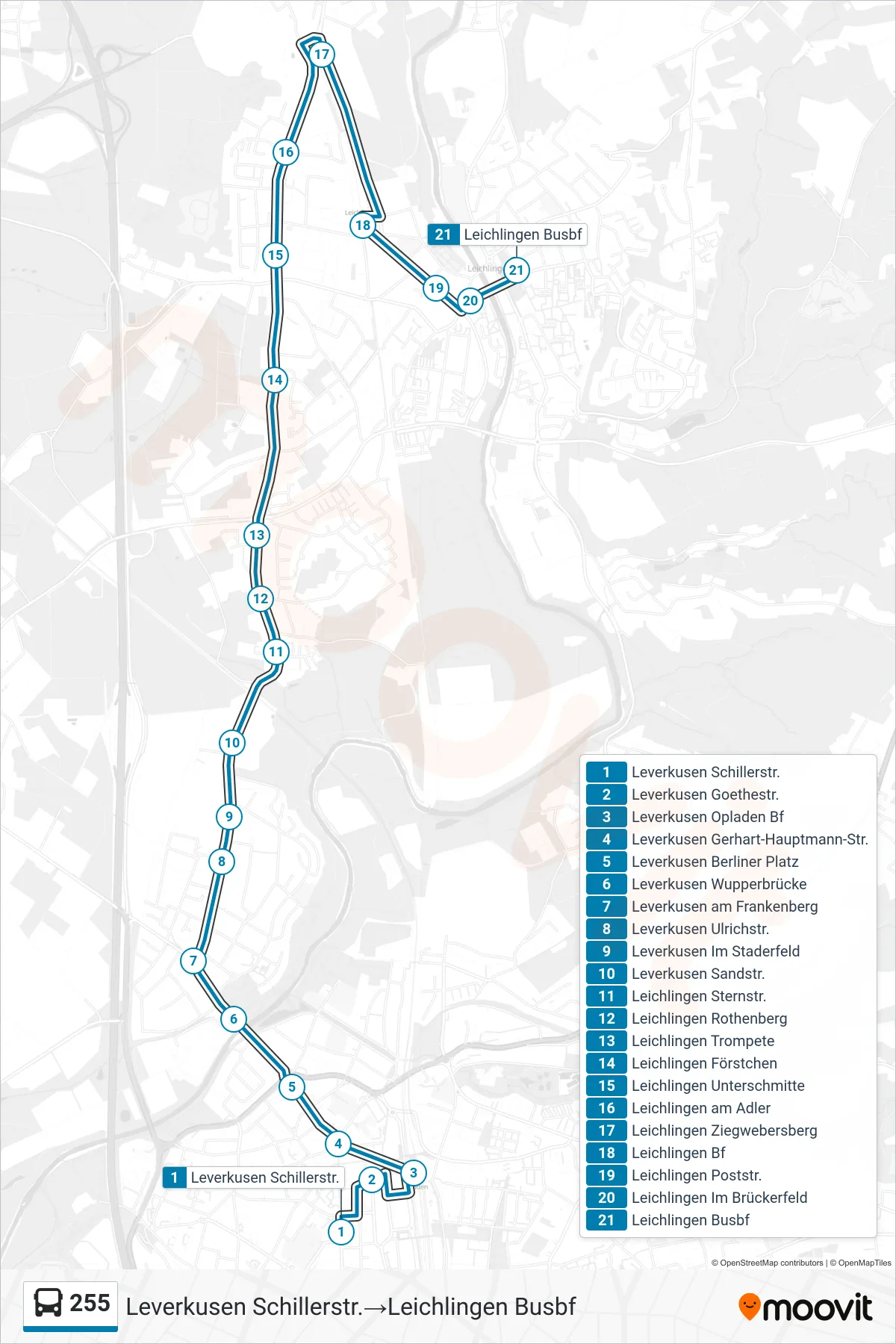 255 bus Line (Leverkusen Schillerstr.‎→Leichlingen Busbf) route and stops on a map