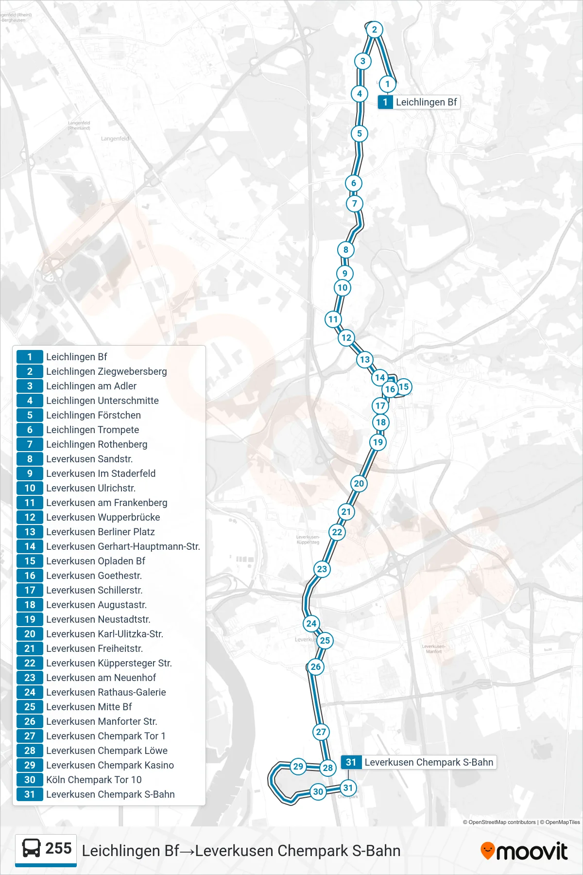 255 bus Line (Leichlingen Bf‎→Leverkusen Chempark S-Bahn) route and stops on a map