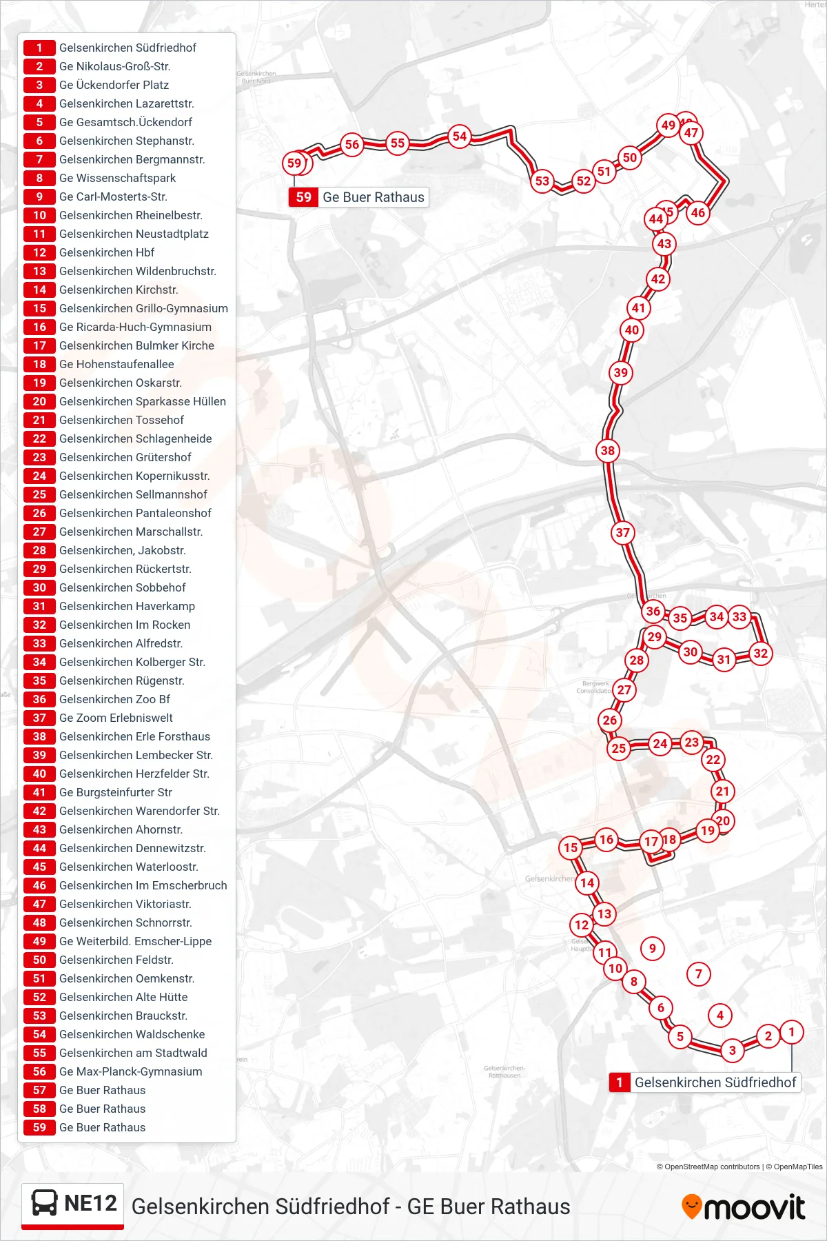 NE12 bus Line (Ge Buer Rathaus) route and stops on a map
