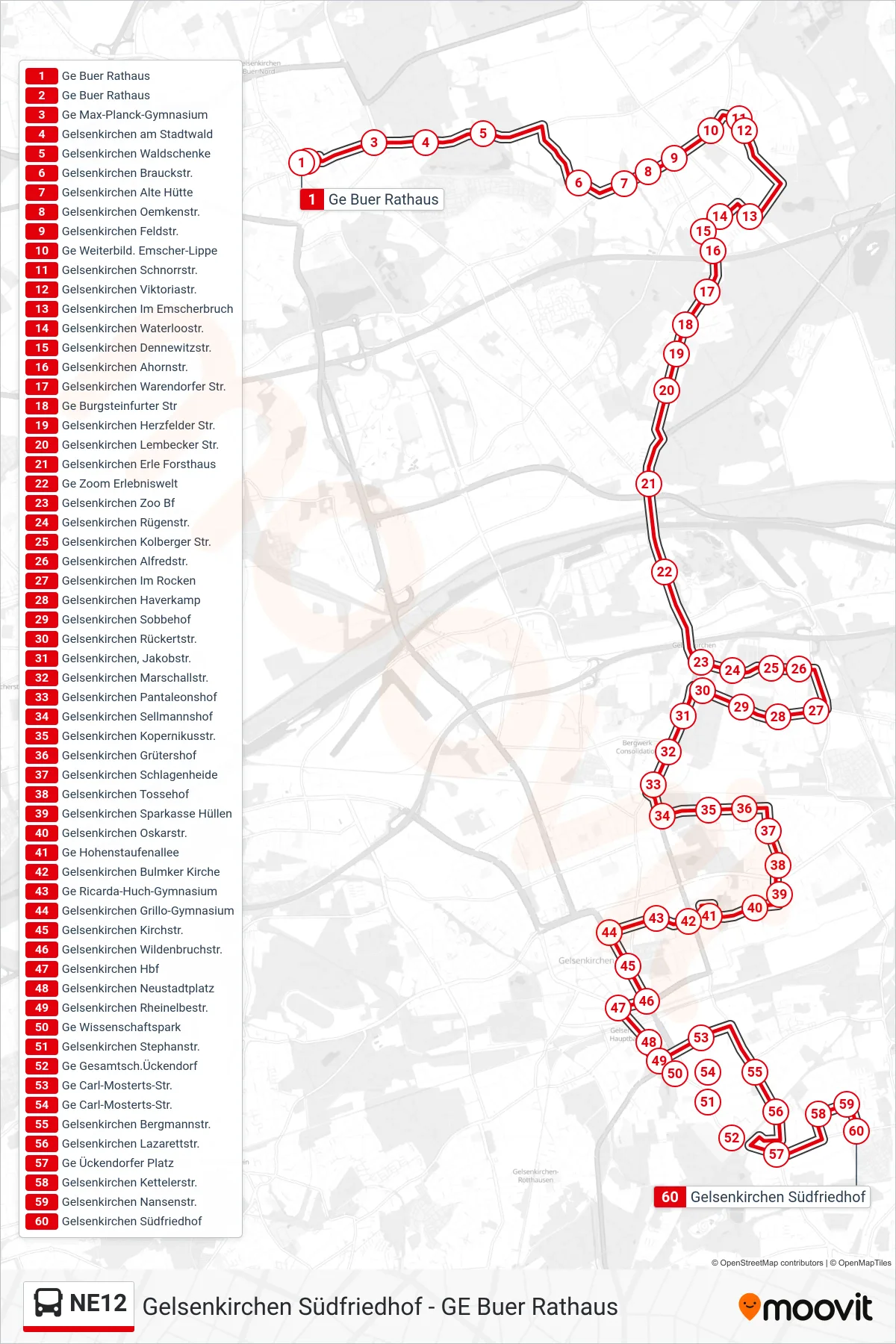 NE12 bus Line (Gelsenkirchen Südfriedhof) route and stops on a map