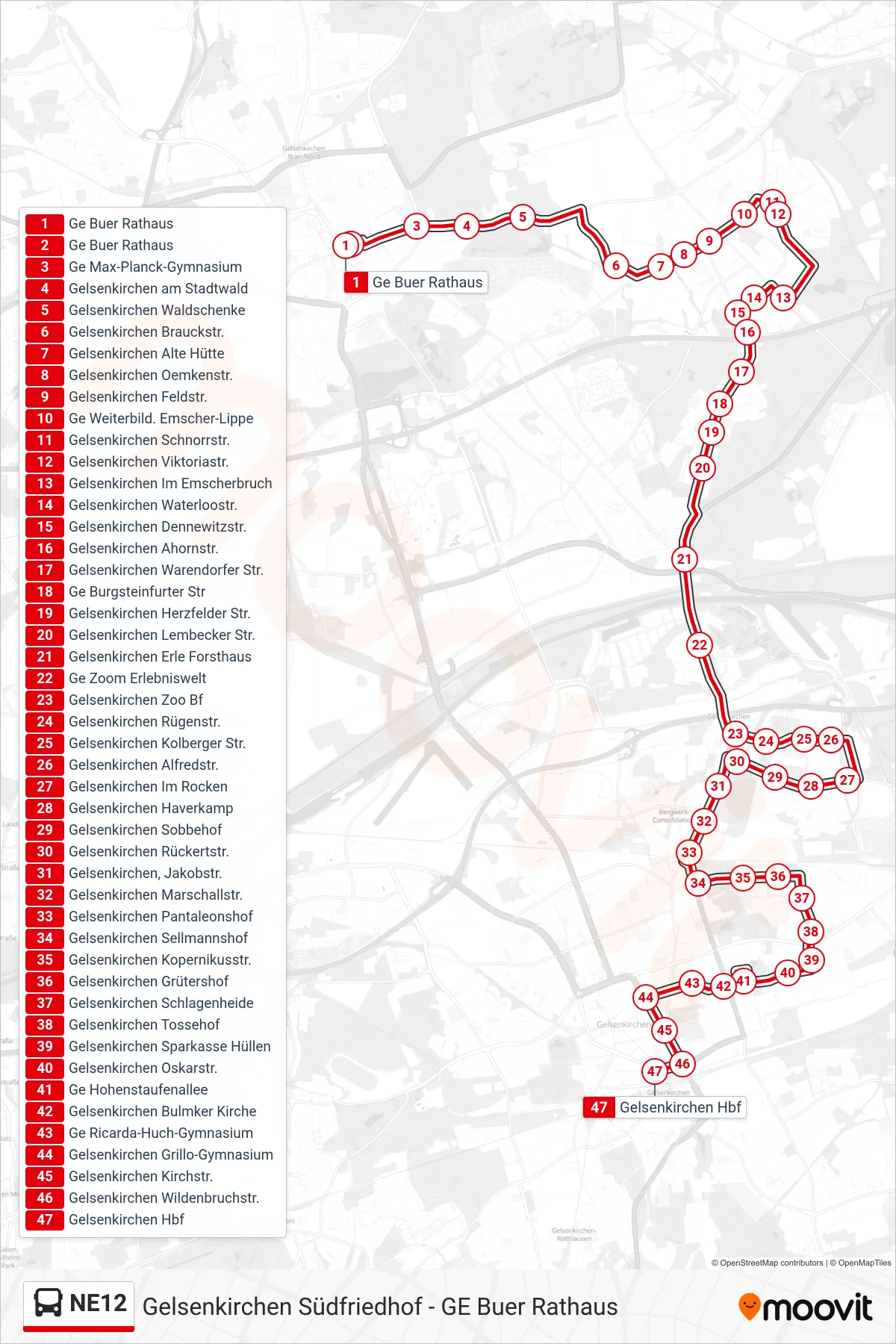 NE12 bus Line (Gelsenkirchen Hbf) route and stops on a map