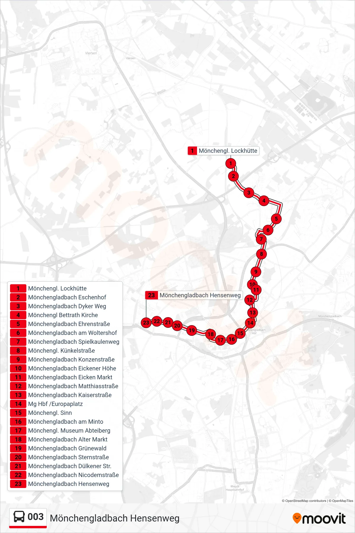 Linie 003 (Bus) Richtung Mönchengladbach Hensenweg: Route und Haltestellen auf der Karte