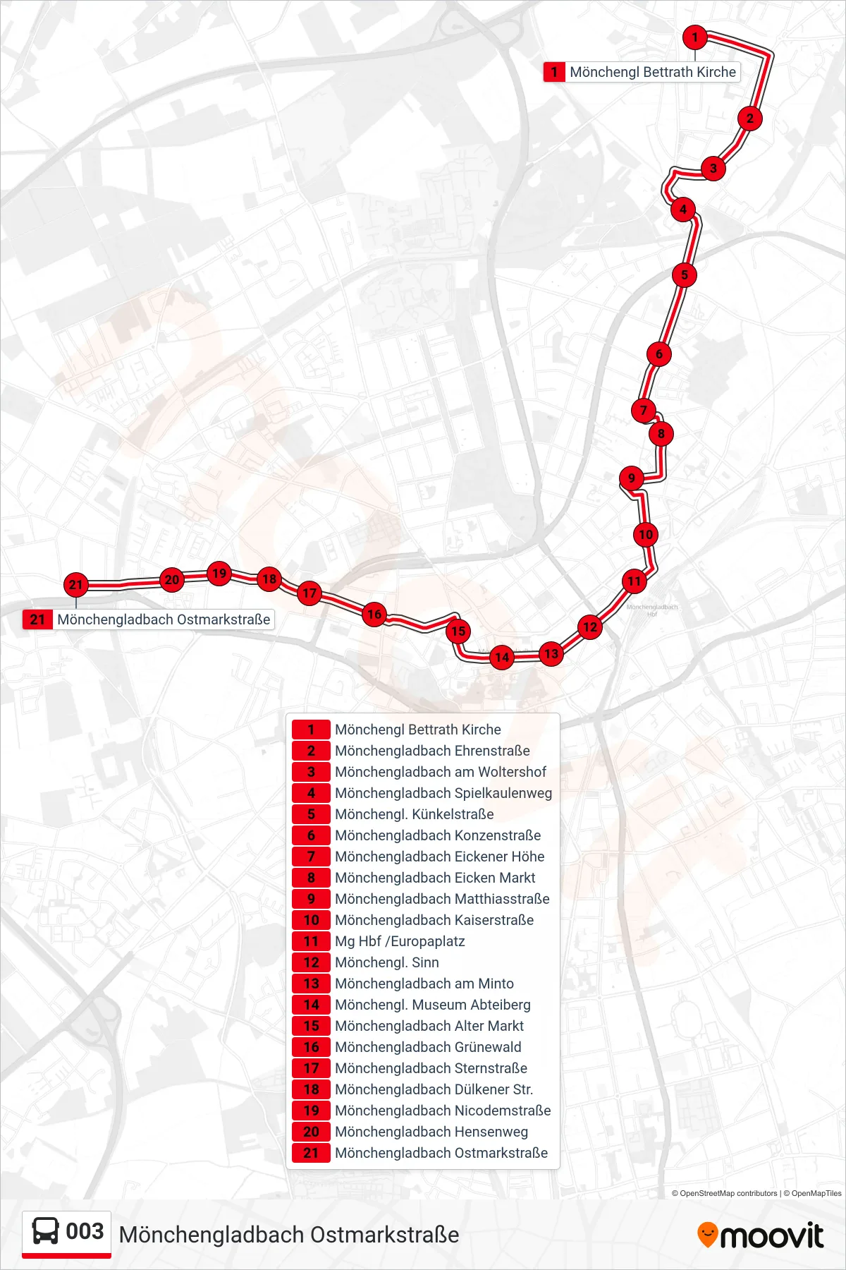 Linie 003 (Bus) Richtung Mönchengladbach Ostmarkstraße: Route und Haltestellen auf der Karte