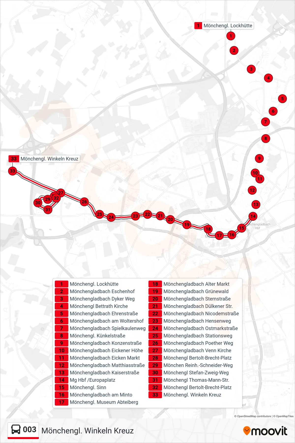 Linie 003 (Bus) Richtung Mönchengl. Winkeln Kreuz: Route und Haltestellen auf der Karte