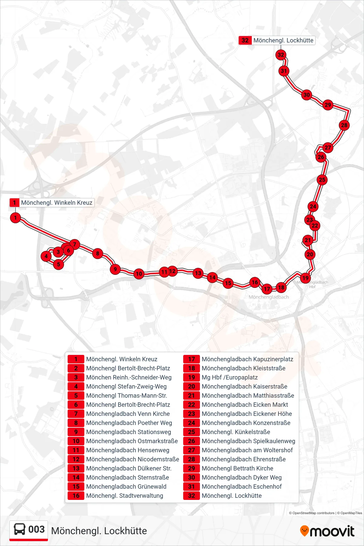 003 bus Line (Mönchengl. Lockhütte) route and stops on a map