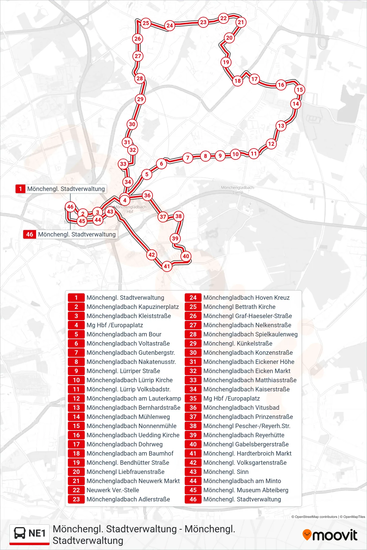 Linie NE1 (Bus) Richtung Mönchengl. Stadtverwaltung: Route und Haltestellen auf der Karte