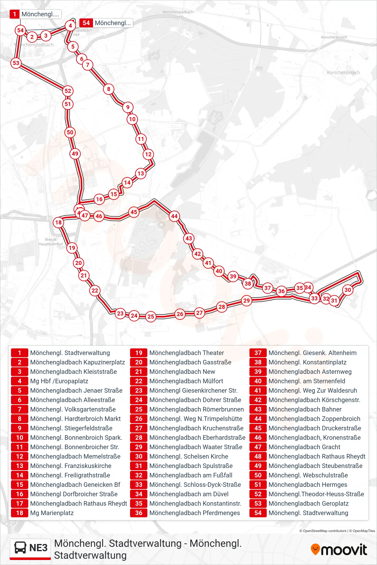 Linie NE3 (Bus) Richtung Mönchengl. Stadtverwaltung: Route und Haltestellen auf der Karte