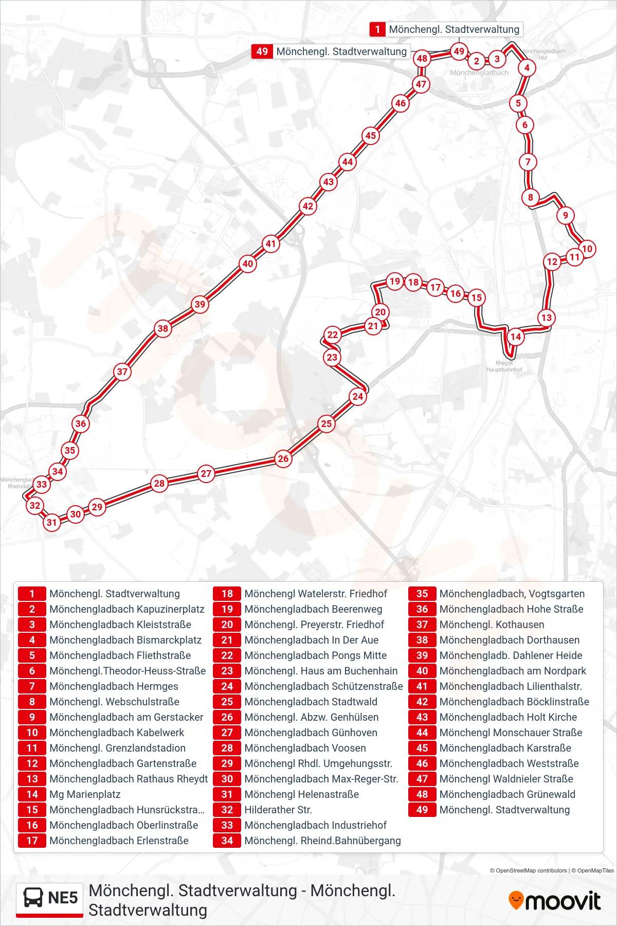 Linie NE5 (Bus) Richtung Mönchengl. Stadtverwaltung: Route und Haltestellen auf der Karte