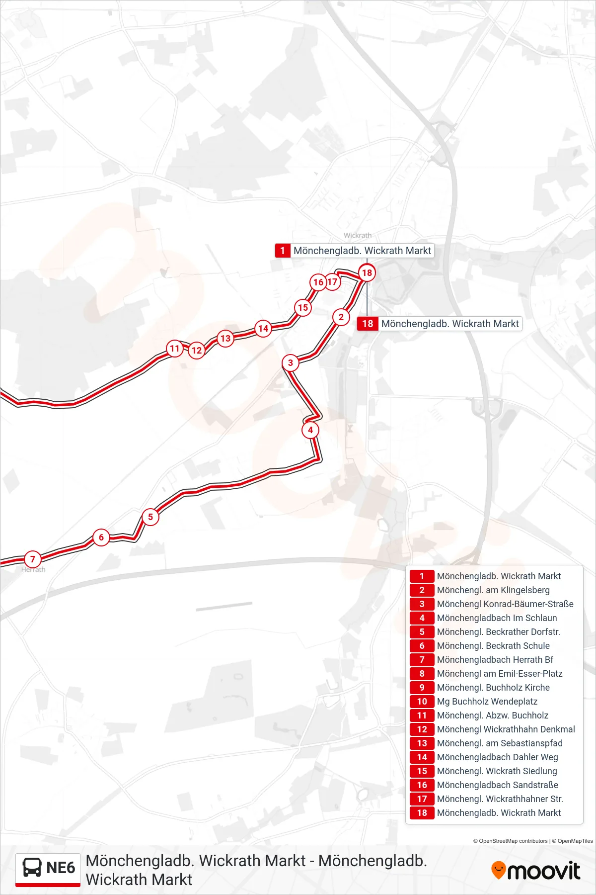 NE6 bus Line (Mönchengladb. Wickrath Markt) route and stops on a map