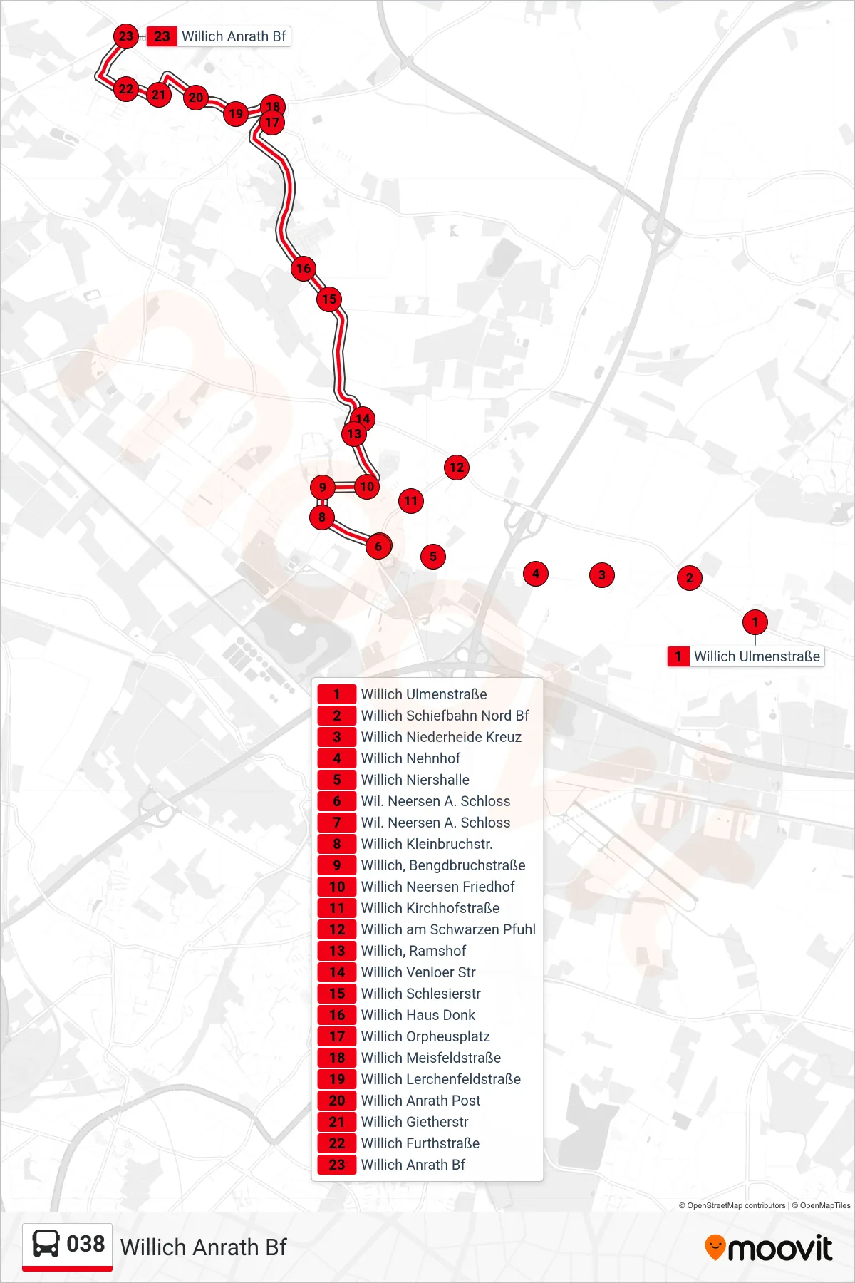 Linie 038 (Bus) Richtung Willich Anrath Bf: Route und Haltestellen auf der Karte