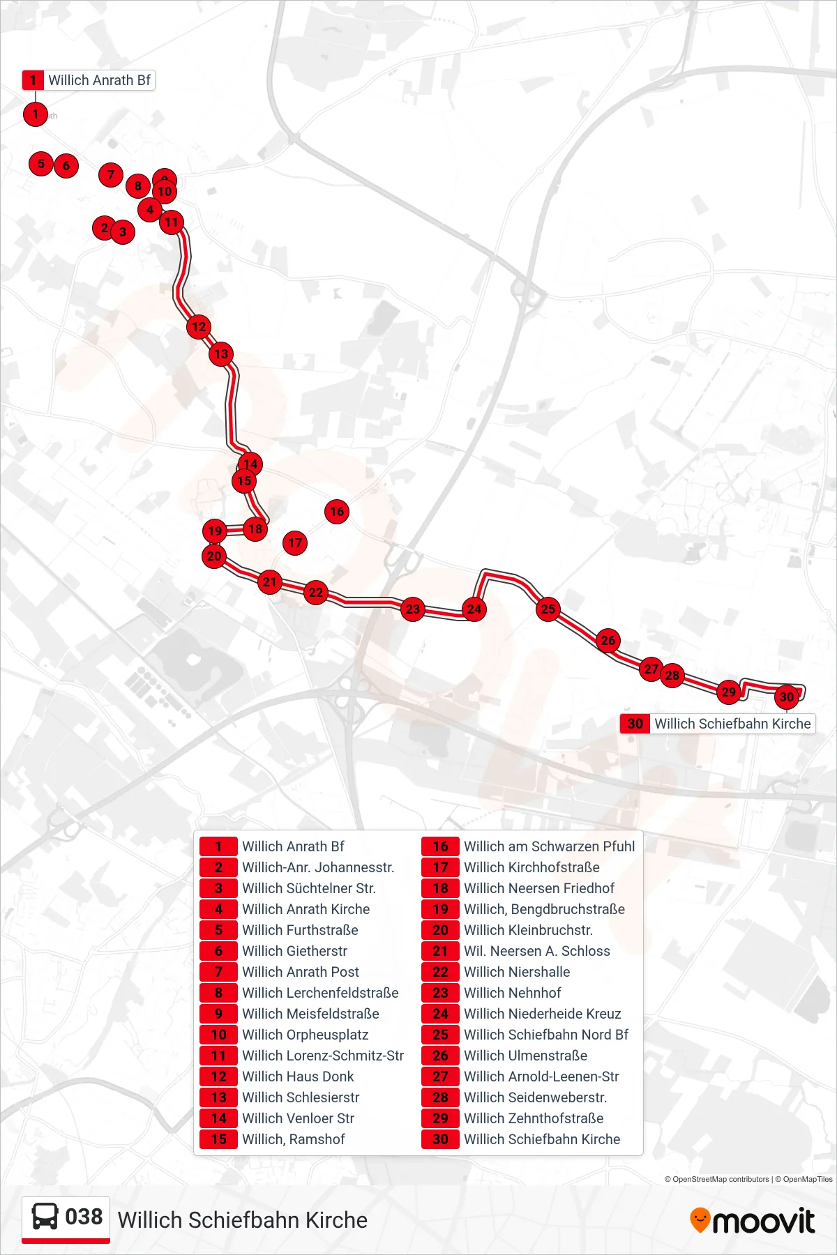Linie 038 (Bus) Richtung Willich Schiefbahn Kirche: Route und Haltestellen auf der Karte