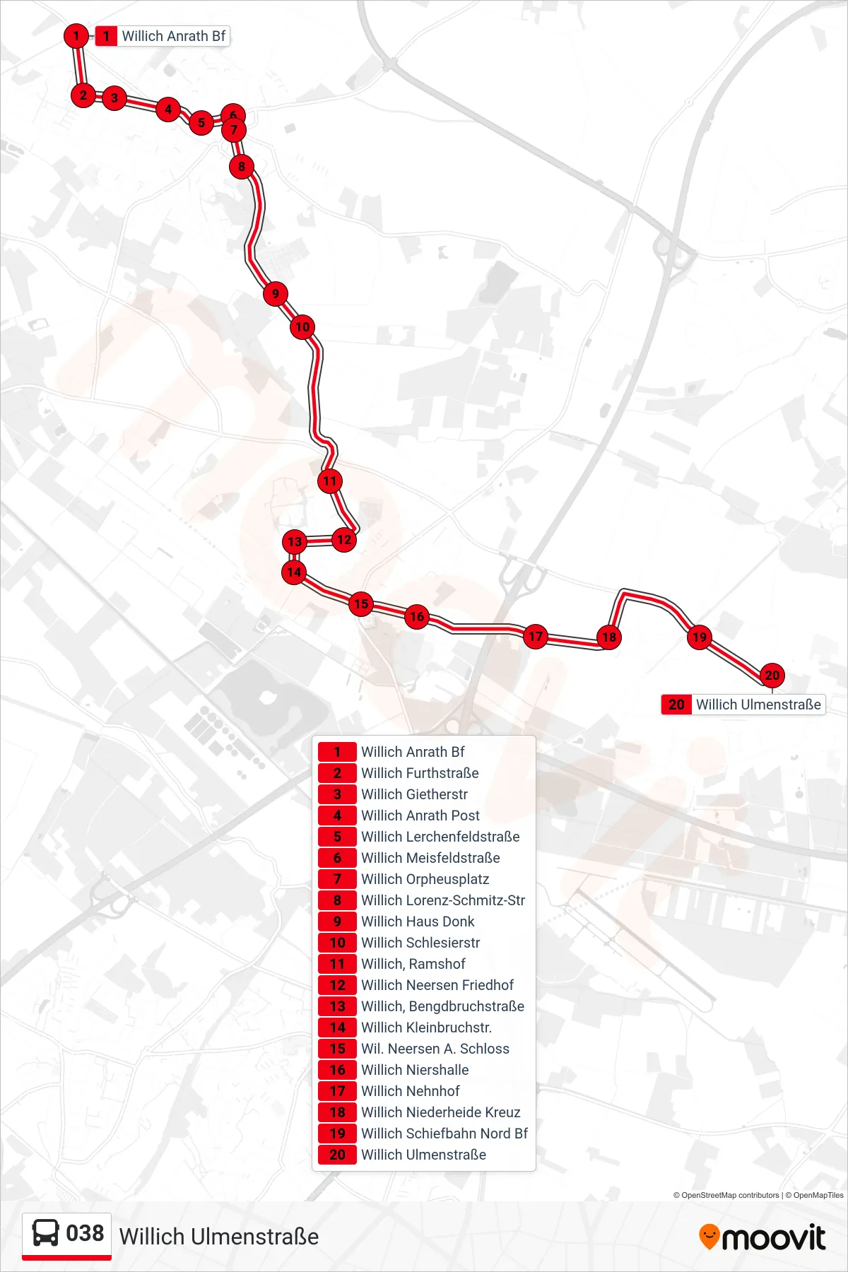 Linie 038 (Bus) Richtung Willich Ulmenstraße: Route und Haltestellen auf der Karte