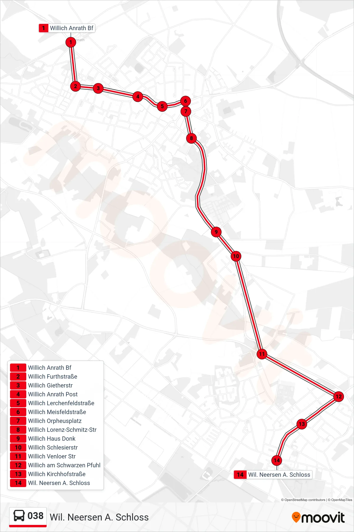 038 bus Line (Wil. Neersen A. Schloss) route and stops on a map