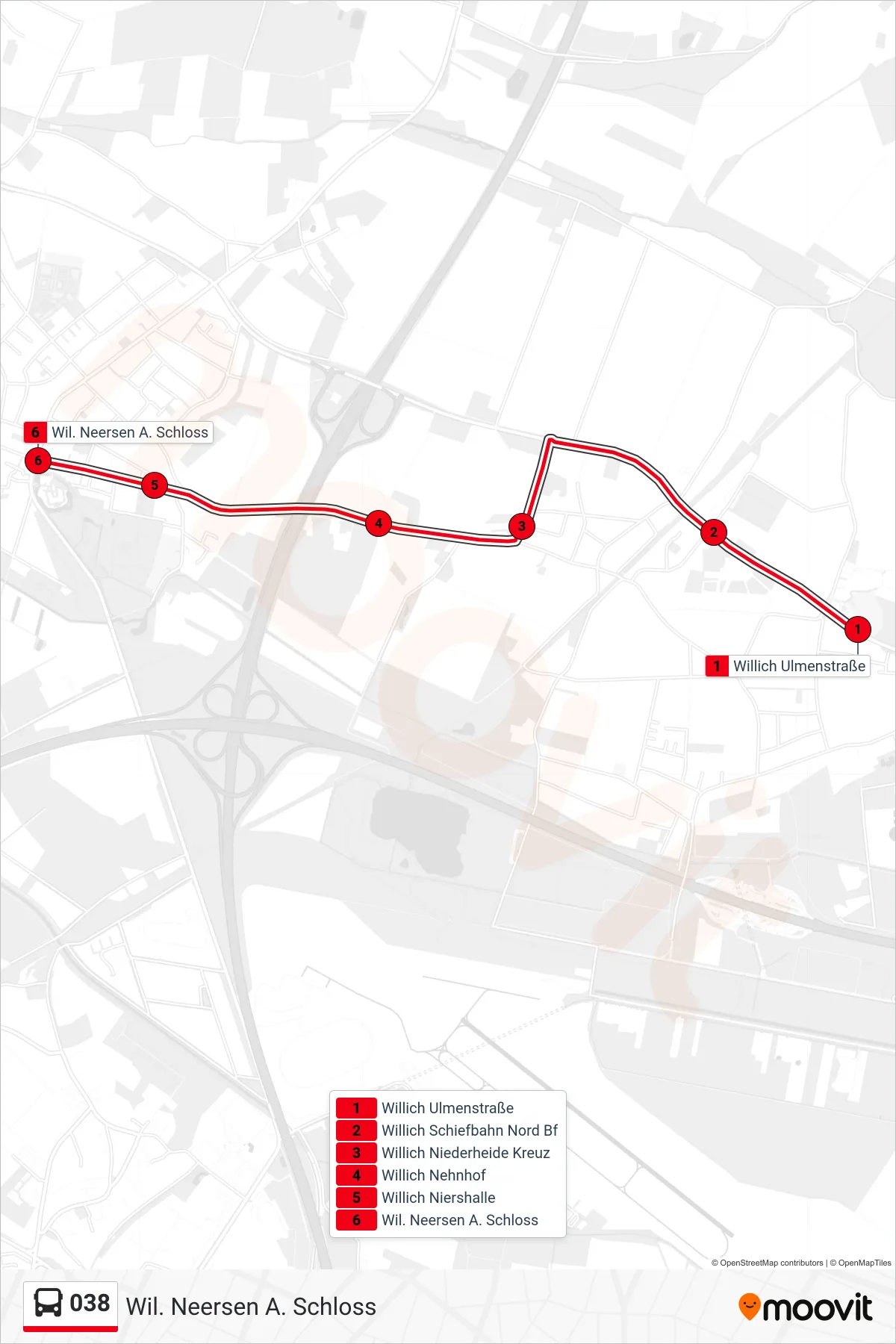 038 bus Line (Wil. Neersen A. Schloss) route and stops on a map