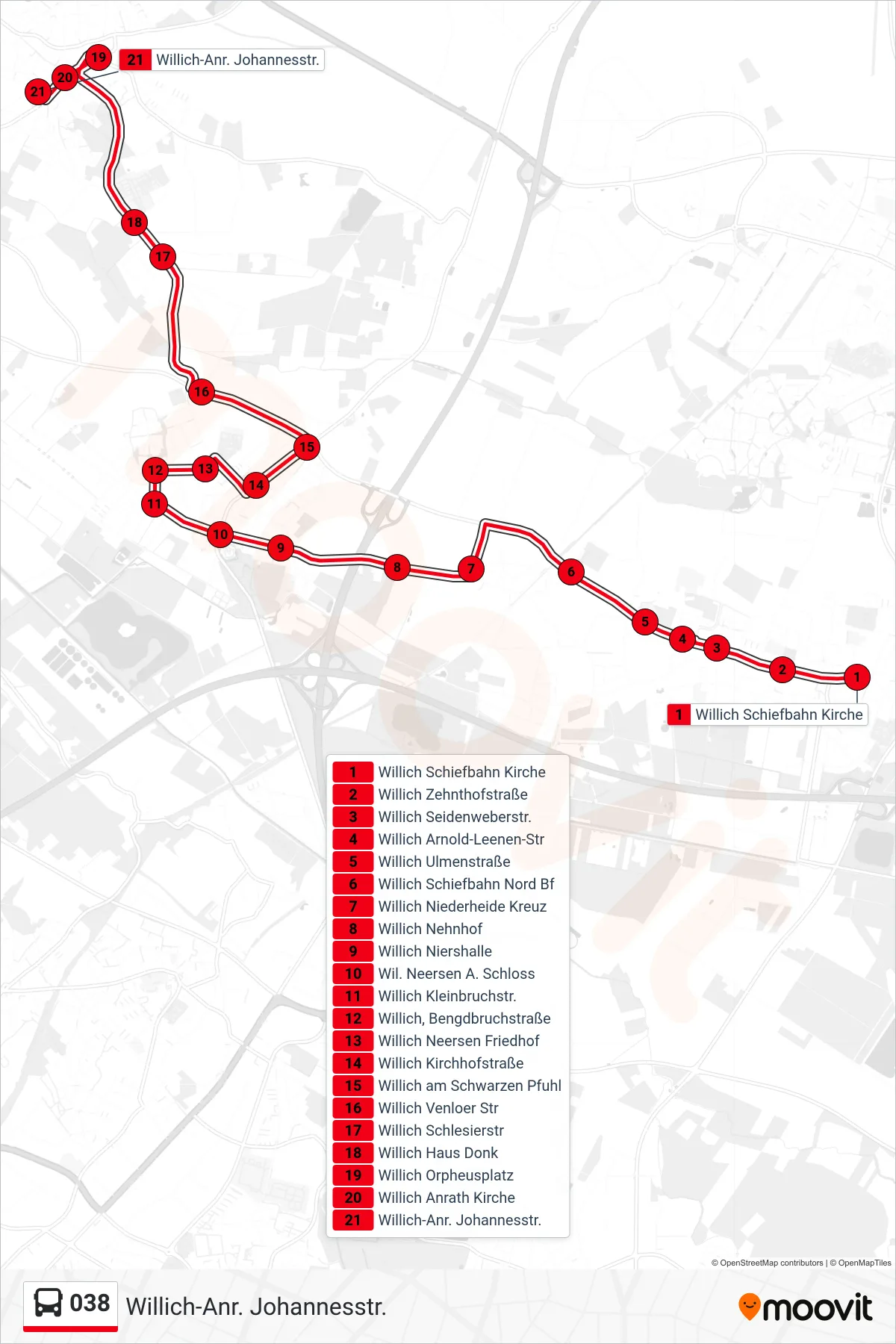038 bus Line (Willich-Anr. Johannesstr.) route and stops on a map