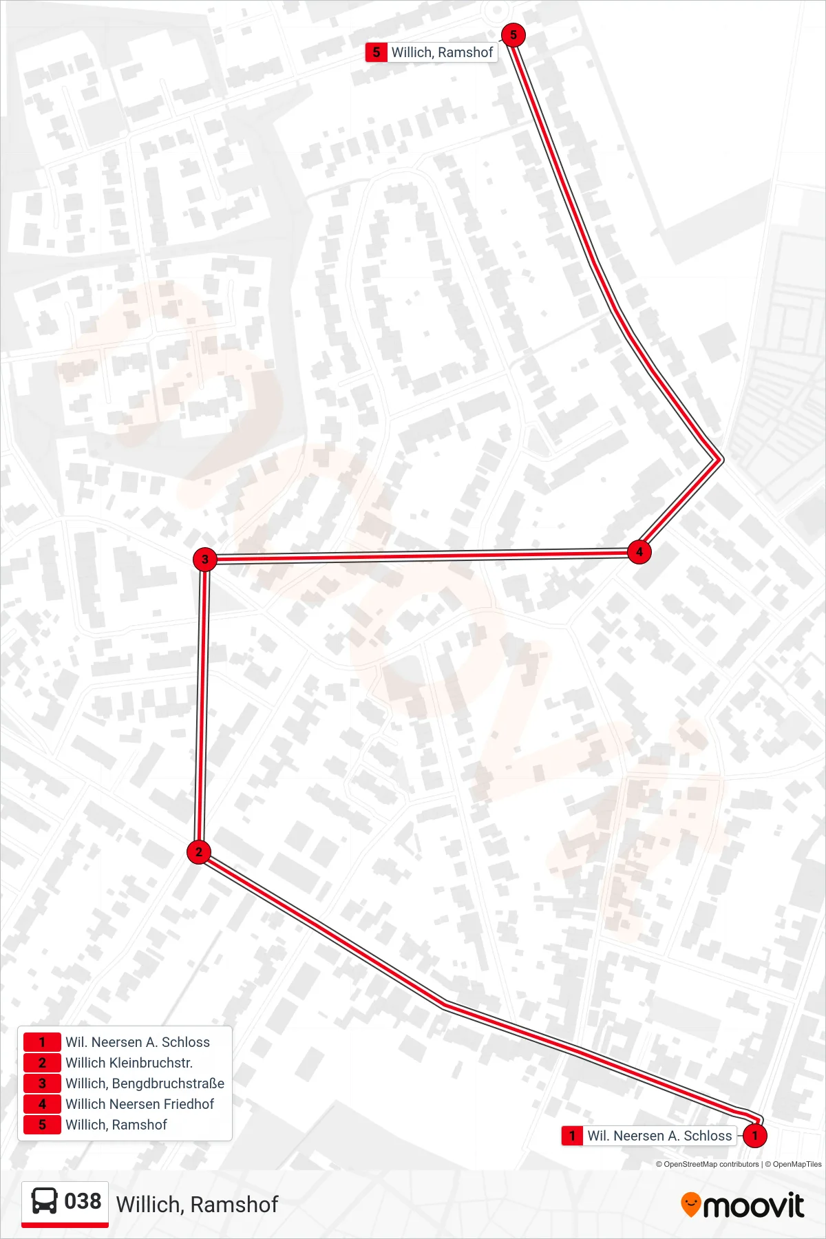 Linie 038 (Bus) Richtung Willich, Ramshof: Route und Haltestellen auf der Karte
