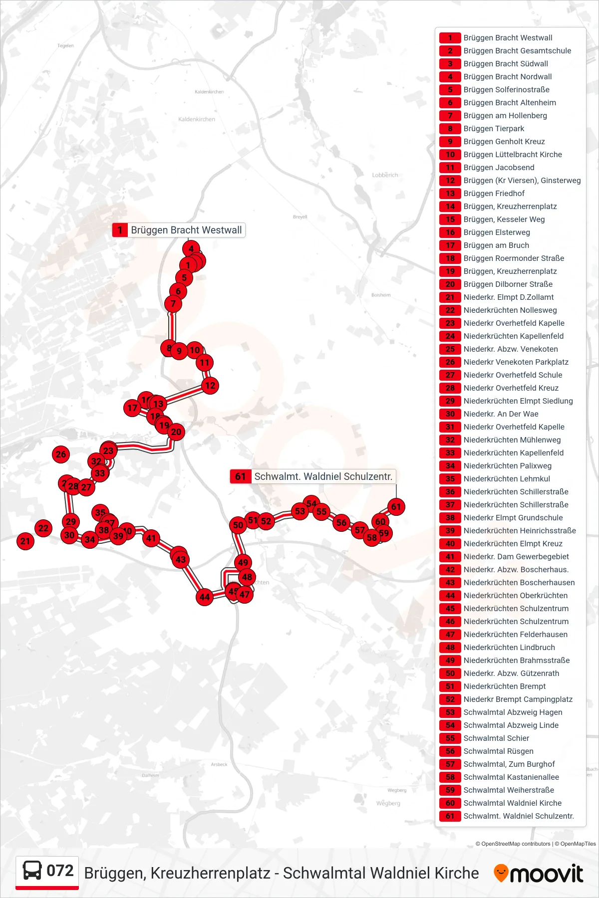 072 bus Line (Schwalmt. Waldniel Schulzentr.) route and stops on a map