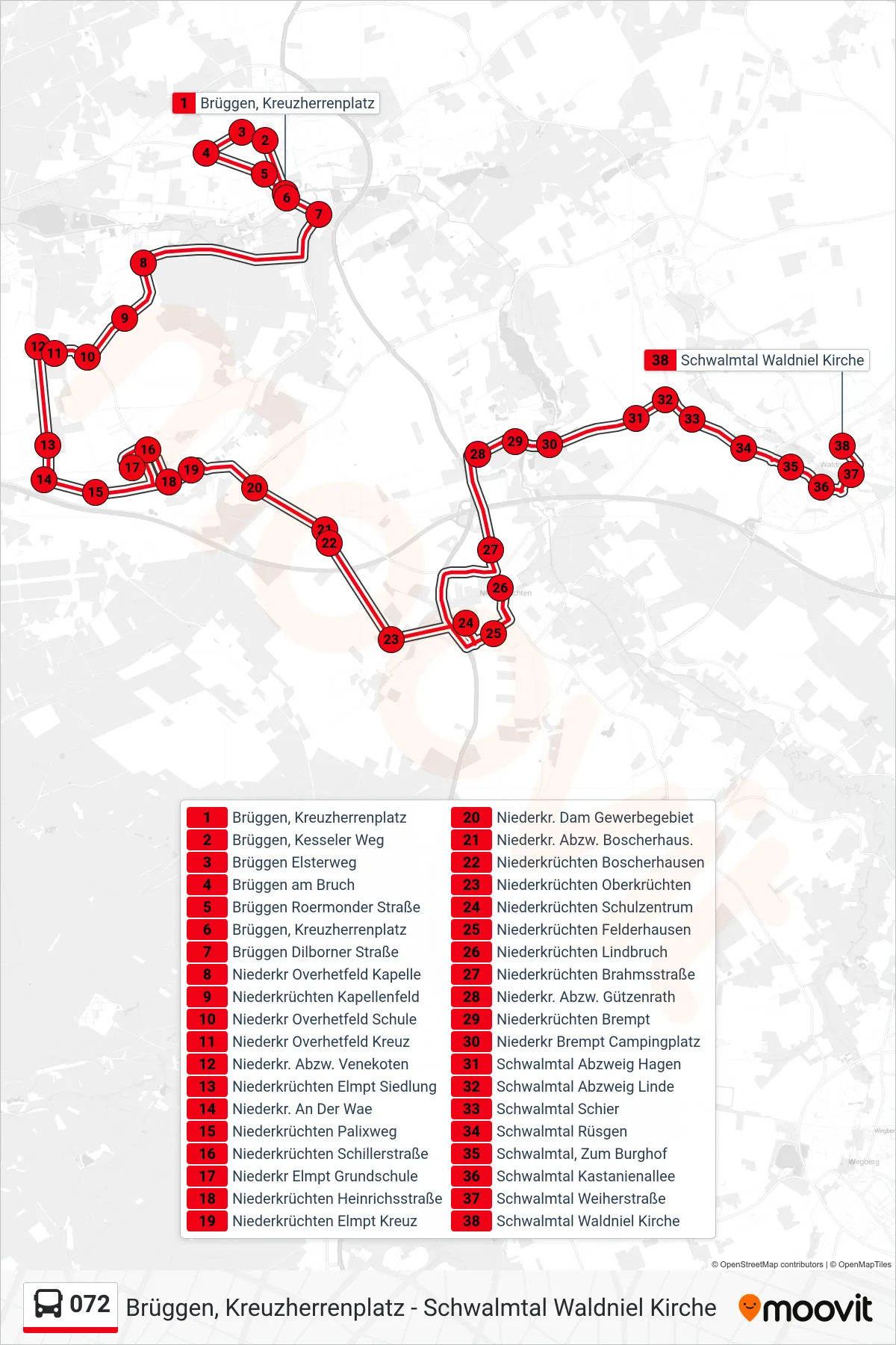 Linie 072 (Bus) Richtung Schwalmtal Waldniel Kirche: Route und Haltestellen auf der Karte