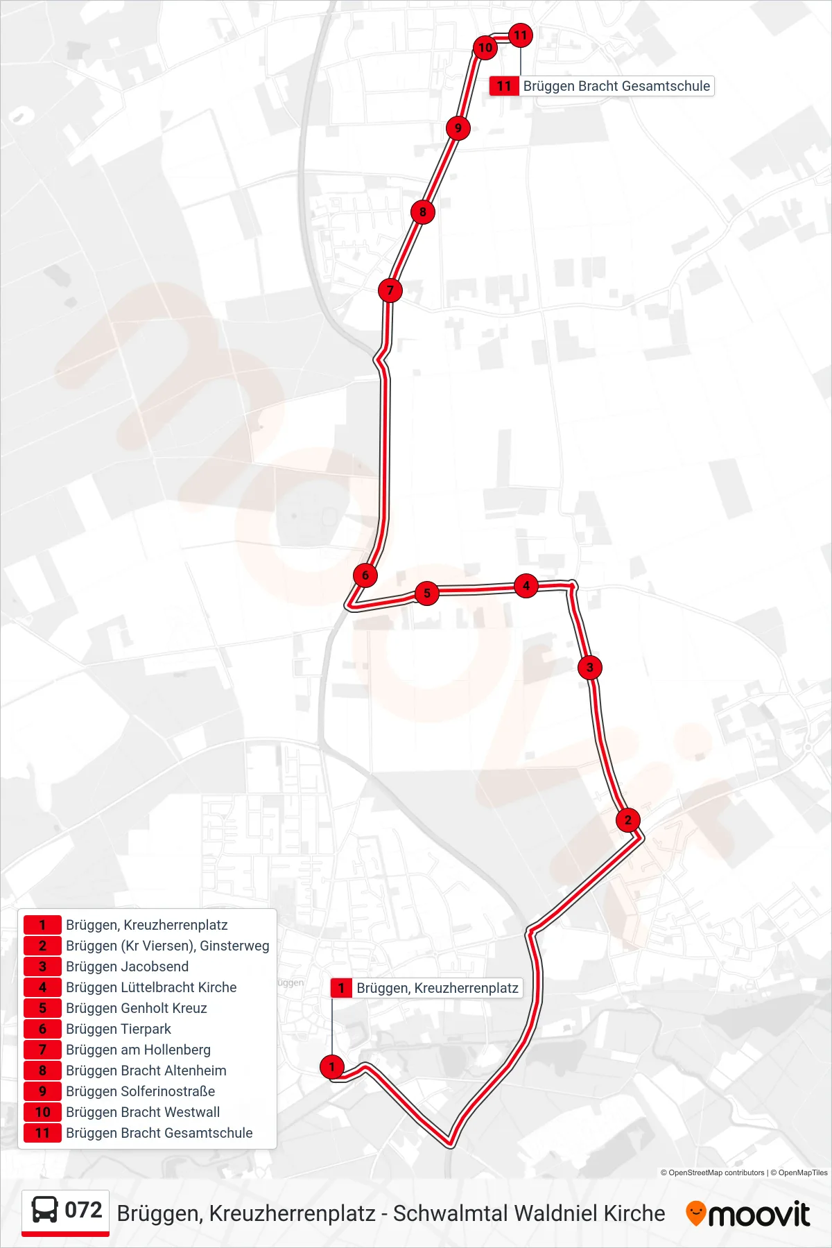 072 bus Line (Brüggen Bracht Gesamtschule) route and stops on a map