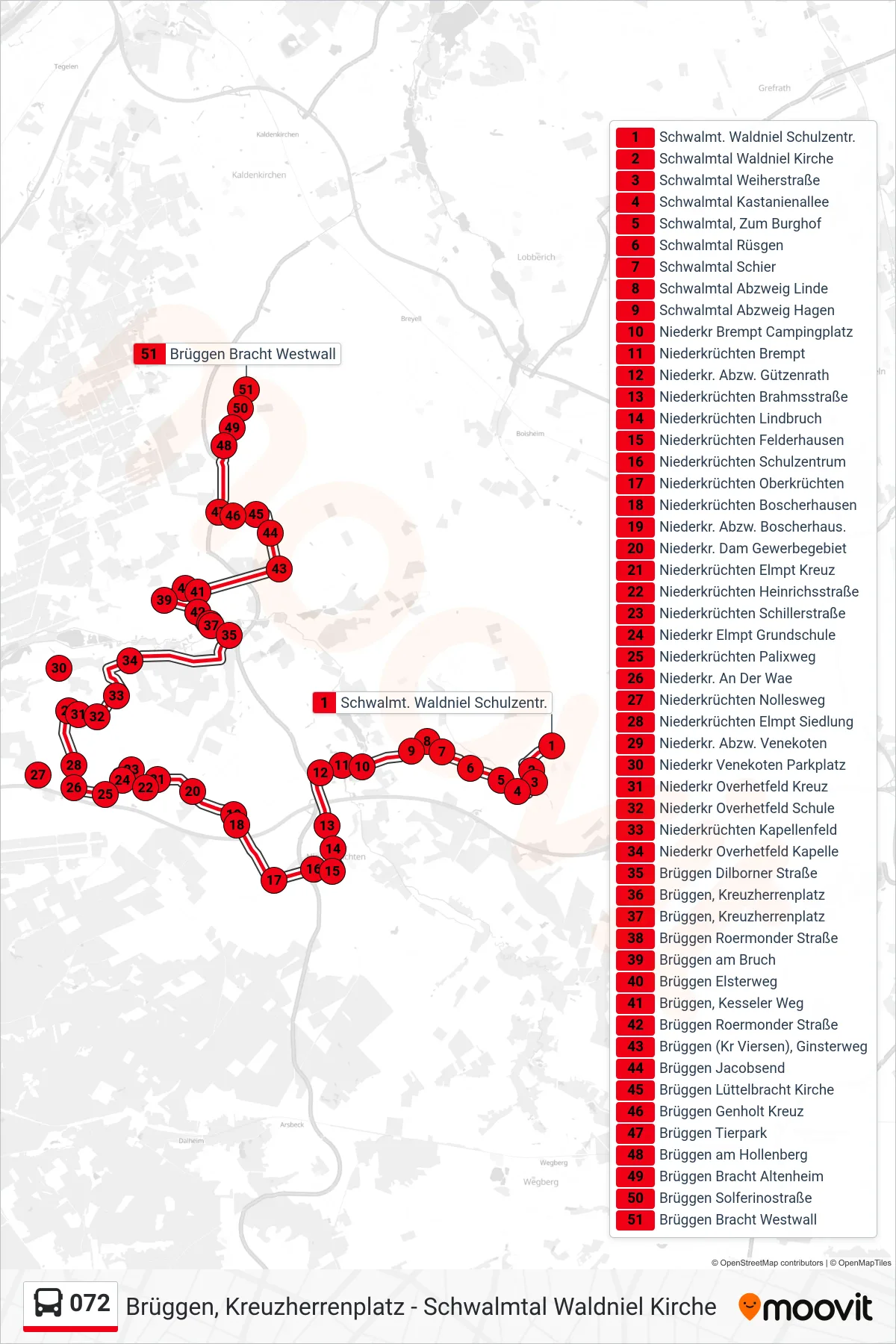 072 bus Line (Brüggen Bracht Westwall) route and stops on a map