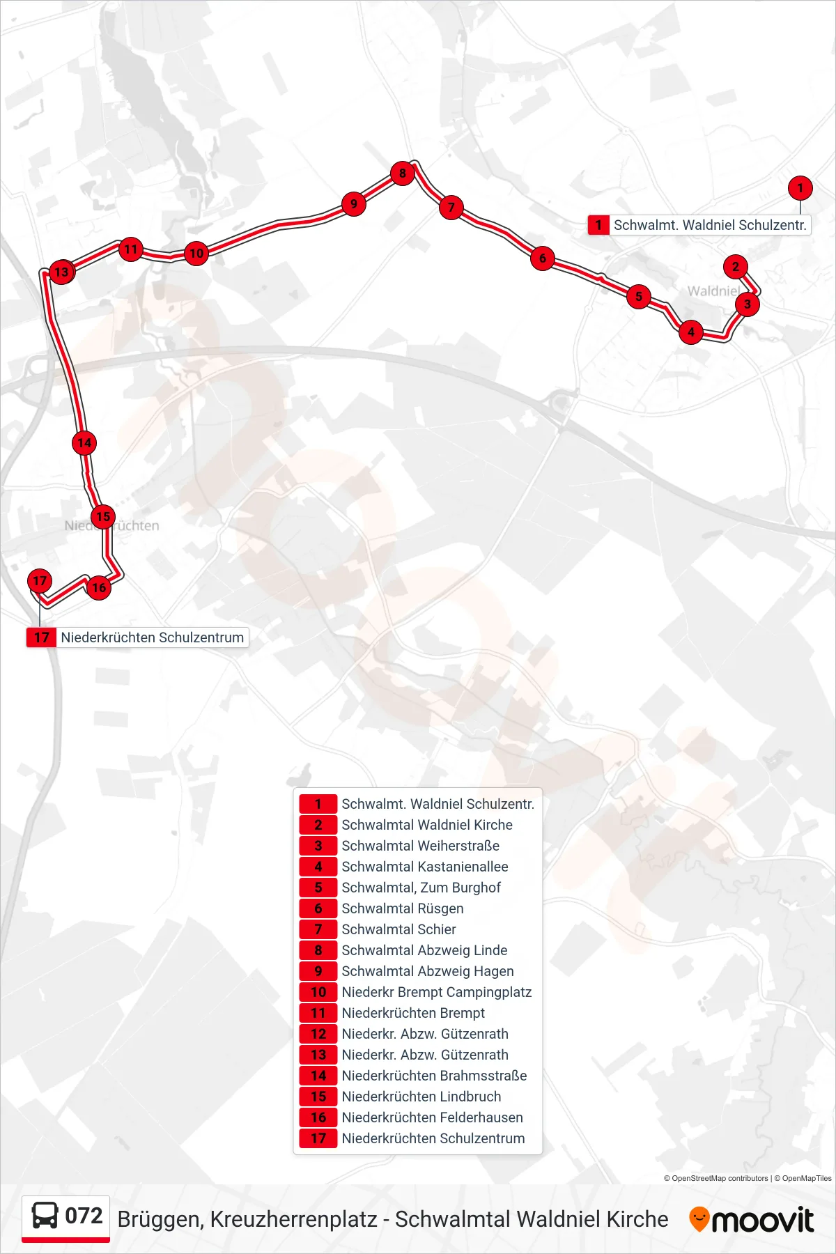 Linie 072 (Bus) Richtung Niederkrüchten Schulzentrum: Route und Haltestellen auf der Karte