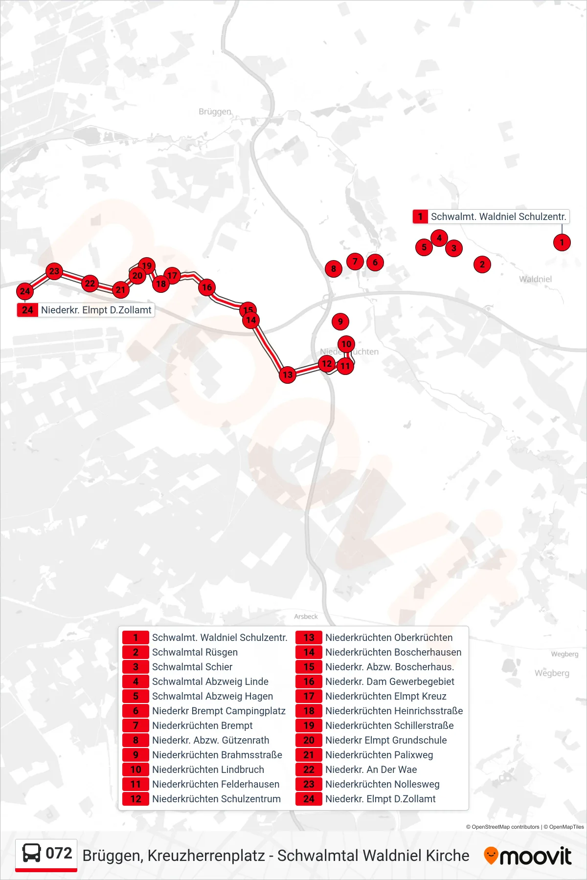 072 bus Line (Niederkr. Elmpt D.Zollamt) route and stops on a map
