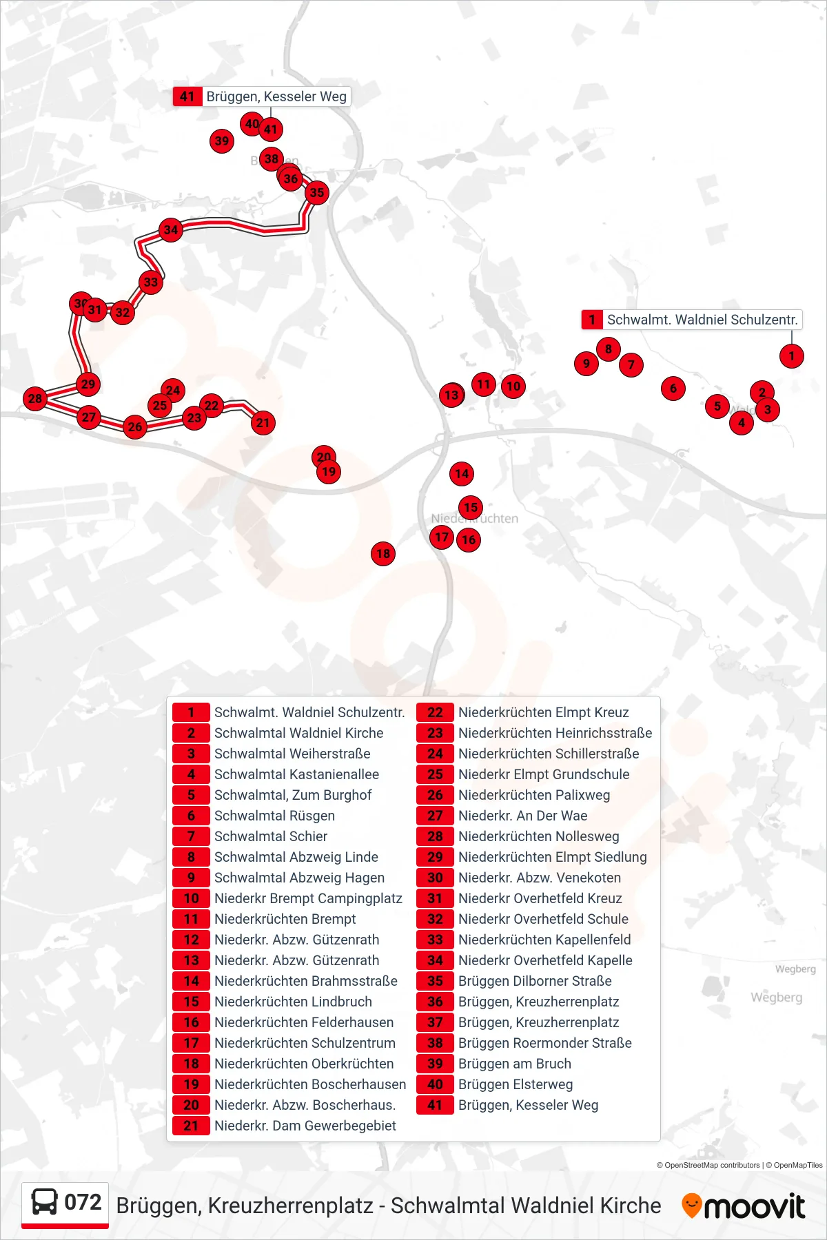 Linie 072 (Bus) Richtung Brüggen, Kreuzherrenplatz: Route und Haltestellen auf der Karte