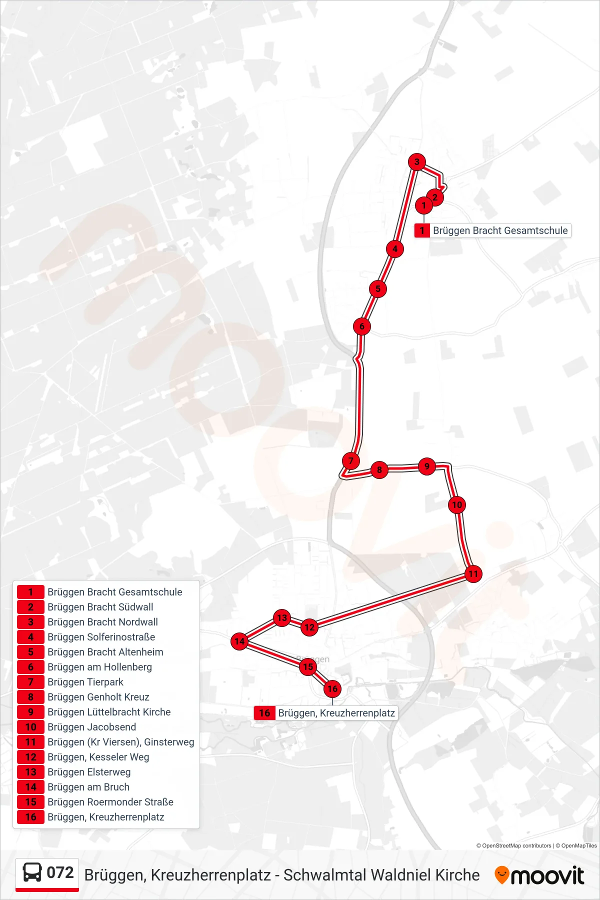 072 bus Line (Brüggen, Kreuzherrenplatz) route and stops on a map