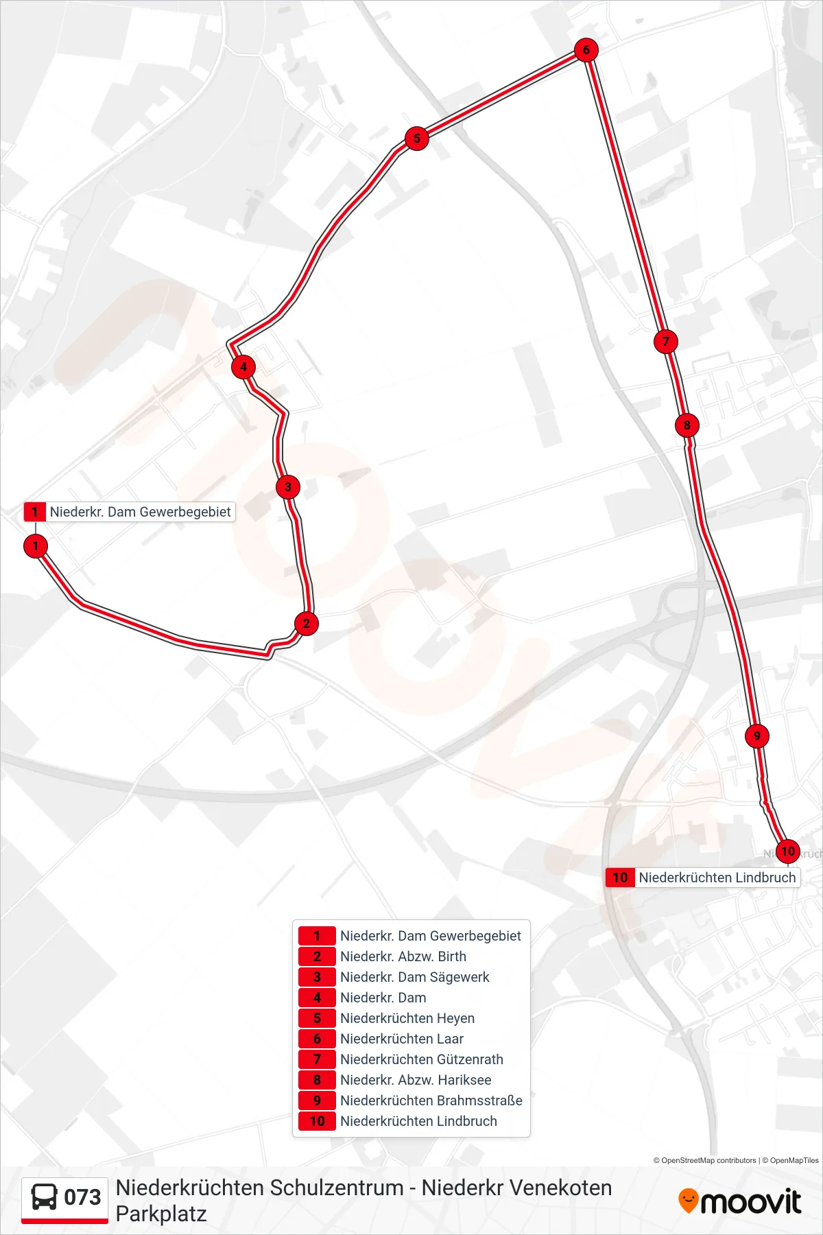 073 bus Line (Niederkrüchten Lindbruch) route and stops on a map