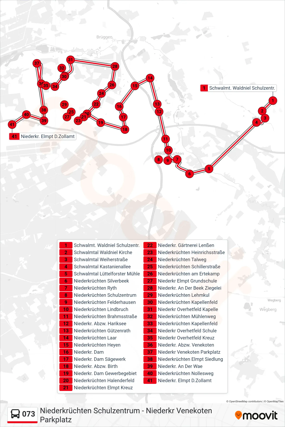 073 bus Line (Niederkr. Elmpt D.Zollamt) route and stops on a map