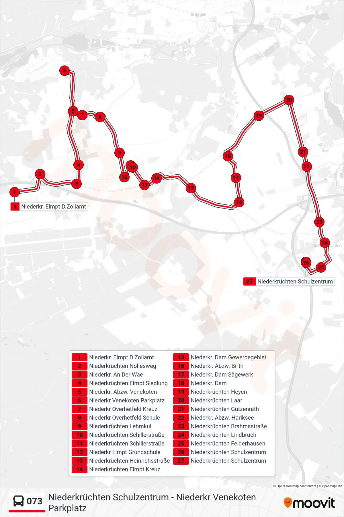 Linie 073 (Bus) Richtung Niederkrüchten Schulzentrum: Route und Haltestellen auf der Karte