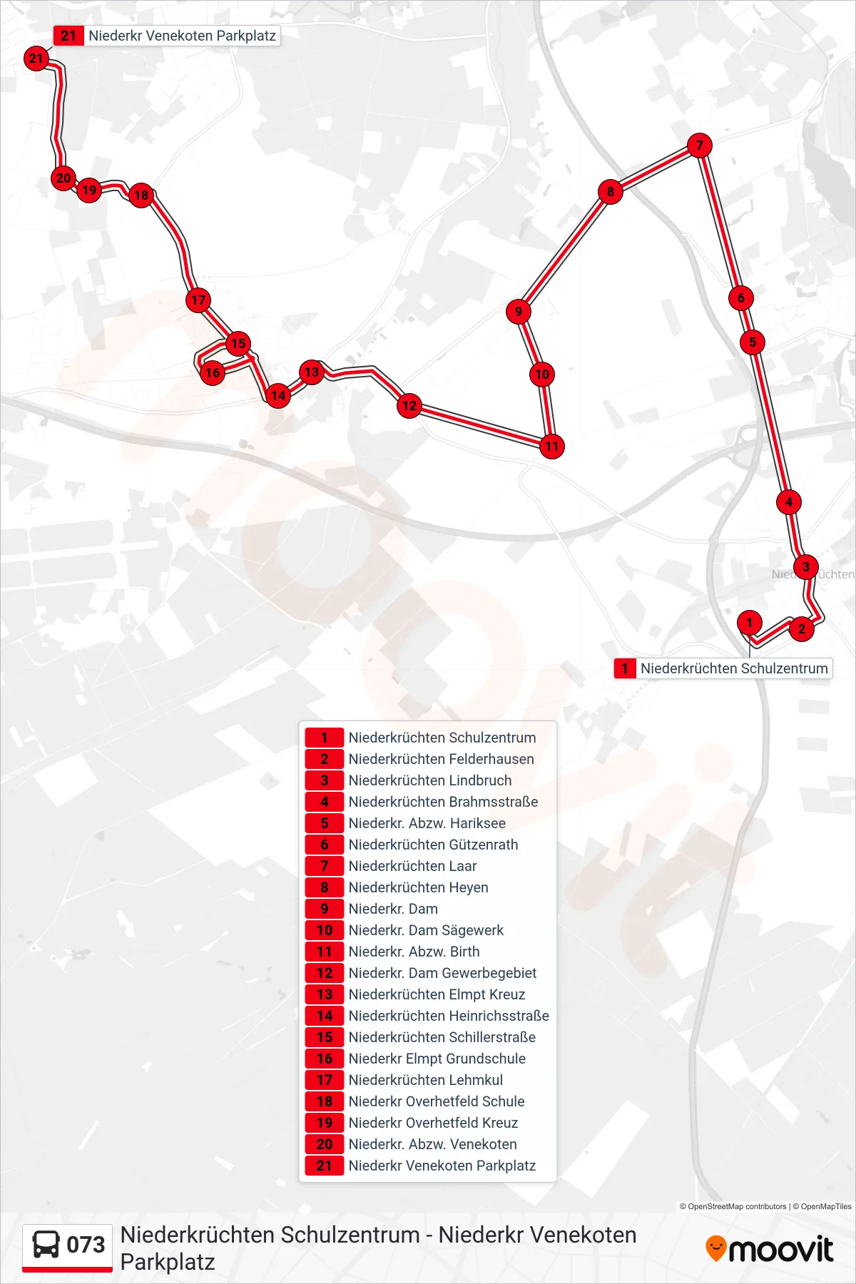 Linie 073 (Bus) Richtung Niederkr Venekoten Parkplatz: Route und Haltestellen auf der Karte