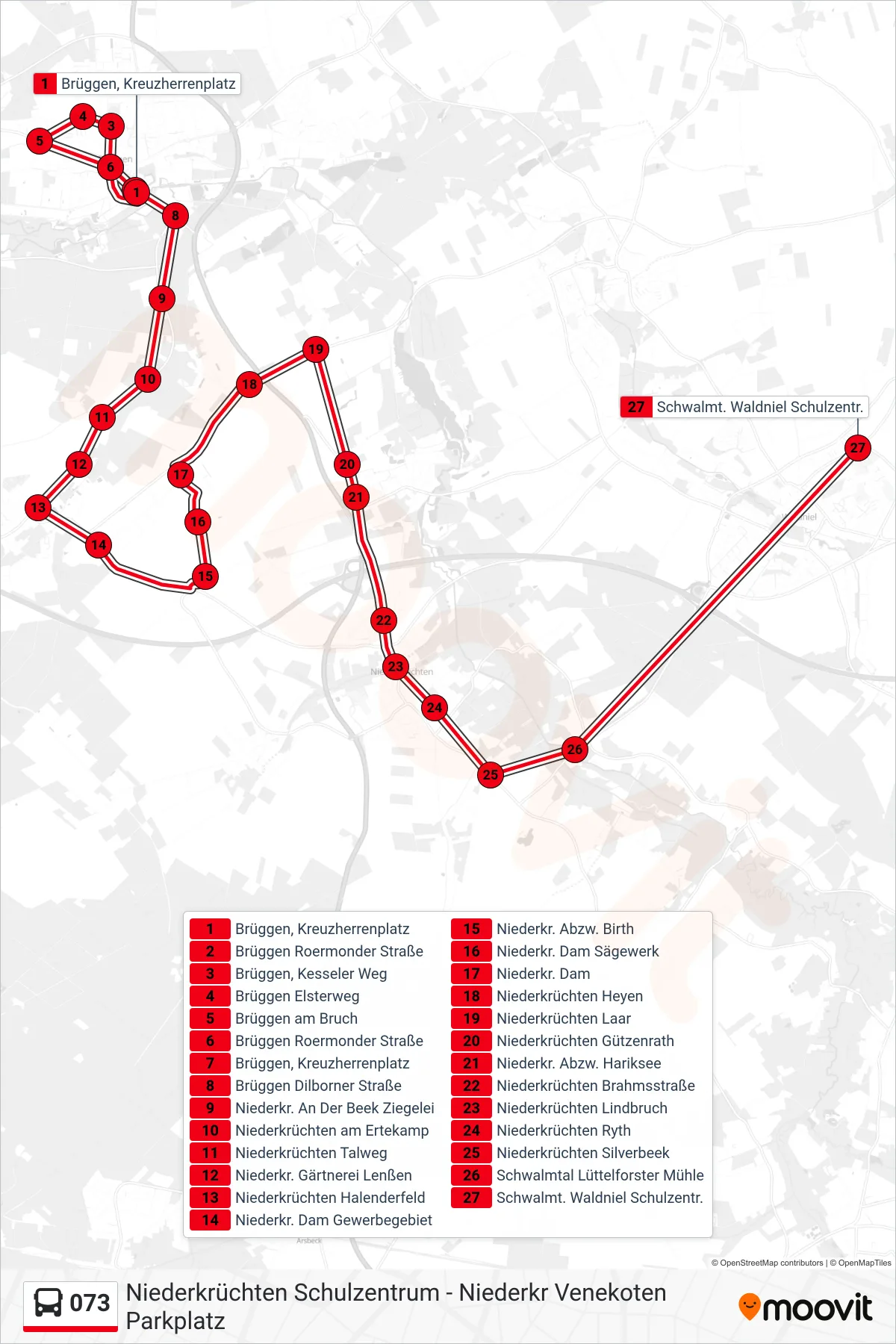 Linie 073 (Bus) Richtung Schwalmt. Waldniel Schulzentr.: Route und Haltestellen auf der Karte