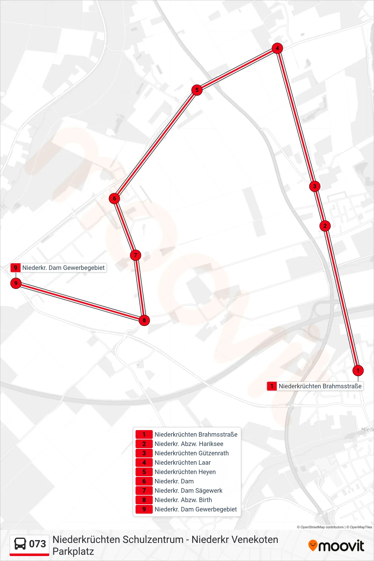 073 bus Line (Niederkr. Dam Gewerbegebiet) route and stops on a map