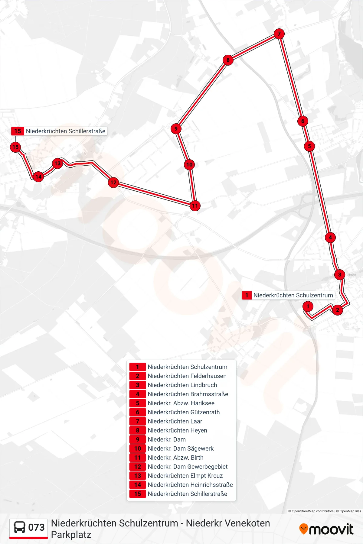 073 bus Line (Niederkrüchten Schillerstraße) route and stops on a map
