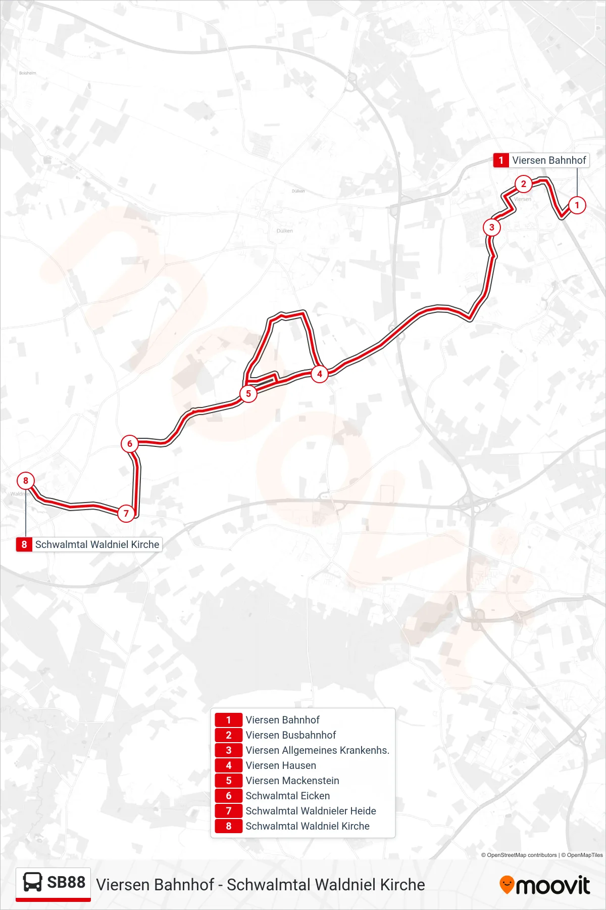 SB88 bus Line (Schwalmtal Waldniel Kirche) route and stops on a map