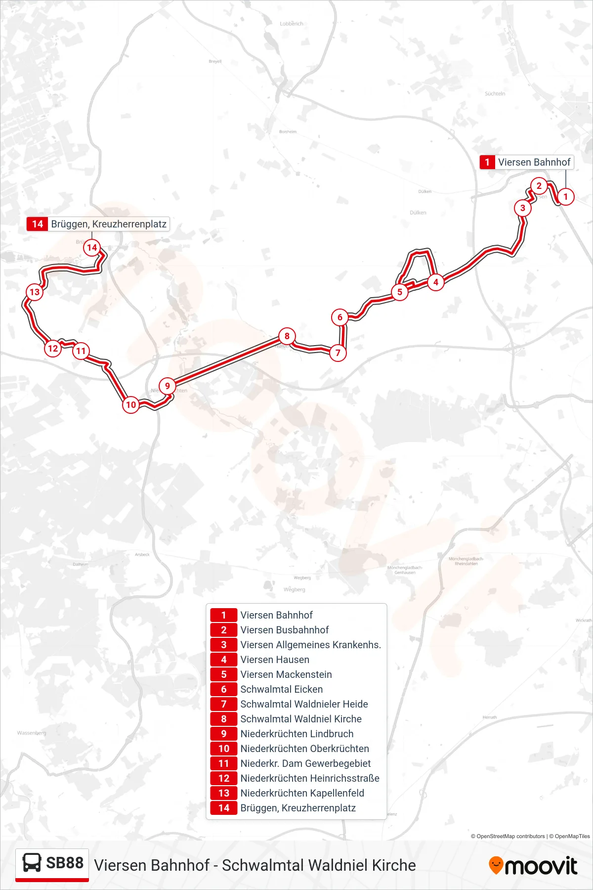 SB88 bus Line (Brüggen, Kreuzherrenplatz) route and stops on a map