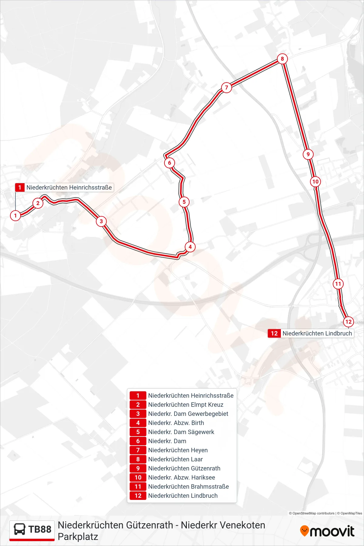 TB88 bus Line (Niederkrüchten Lindbruch) route and stops on a map