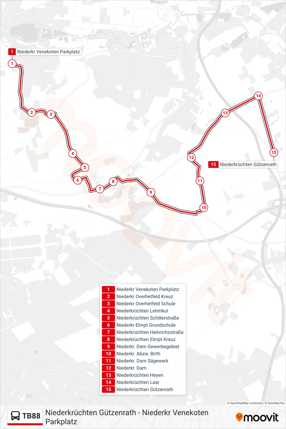 TB88 bus Line (Niederkrüchten Gützenrath) route and stops on a map