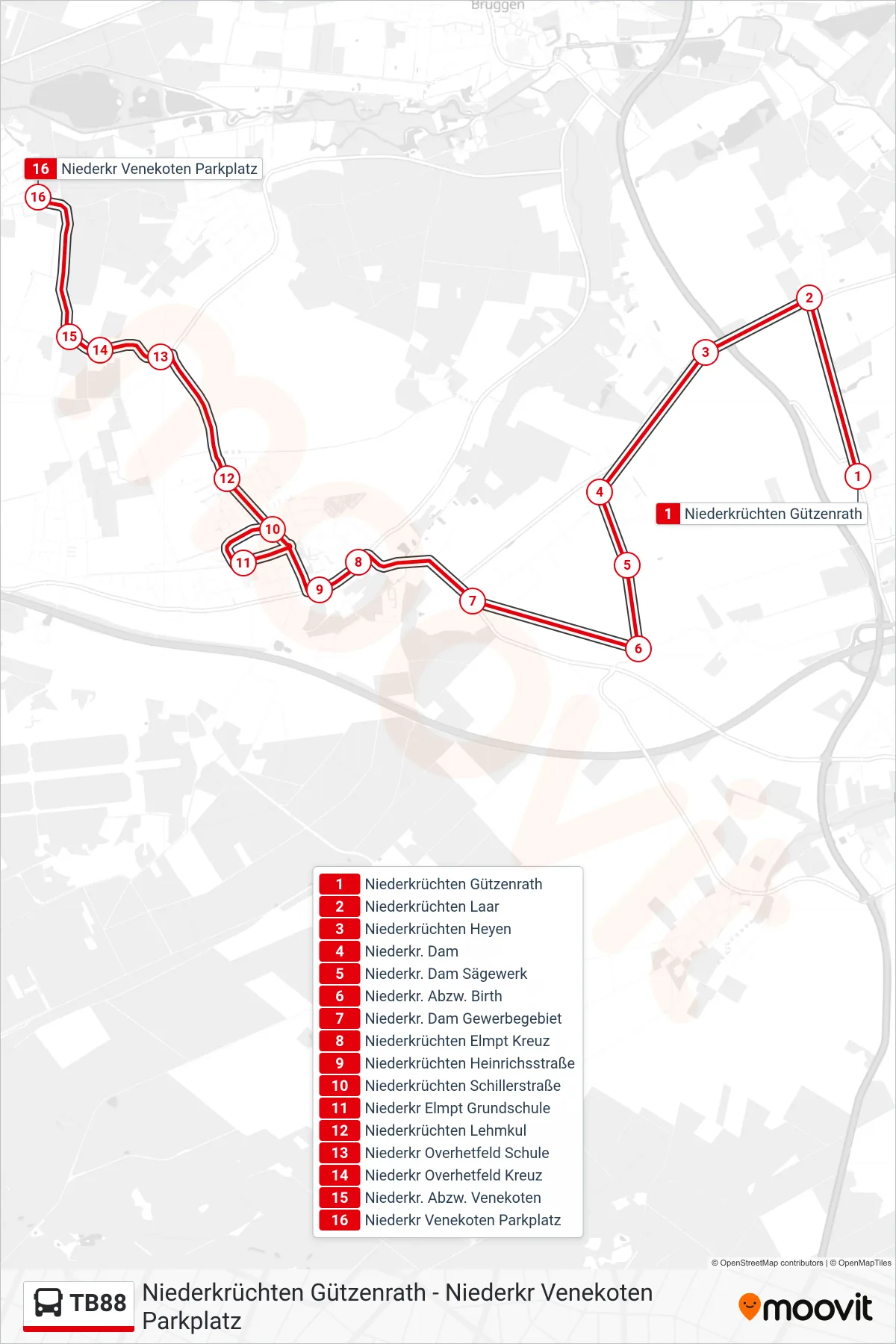 TB88 bus Line (Niederkr Venekoten Parkplatz) route and stops on a map