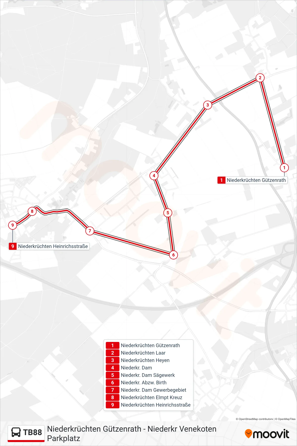 Linie TB88 (Bus) Richtung Niederkrüchten Heinrichsstraße: Route und Haltestellen auf der Karte